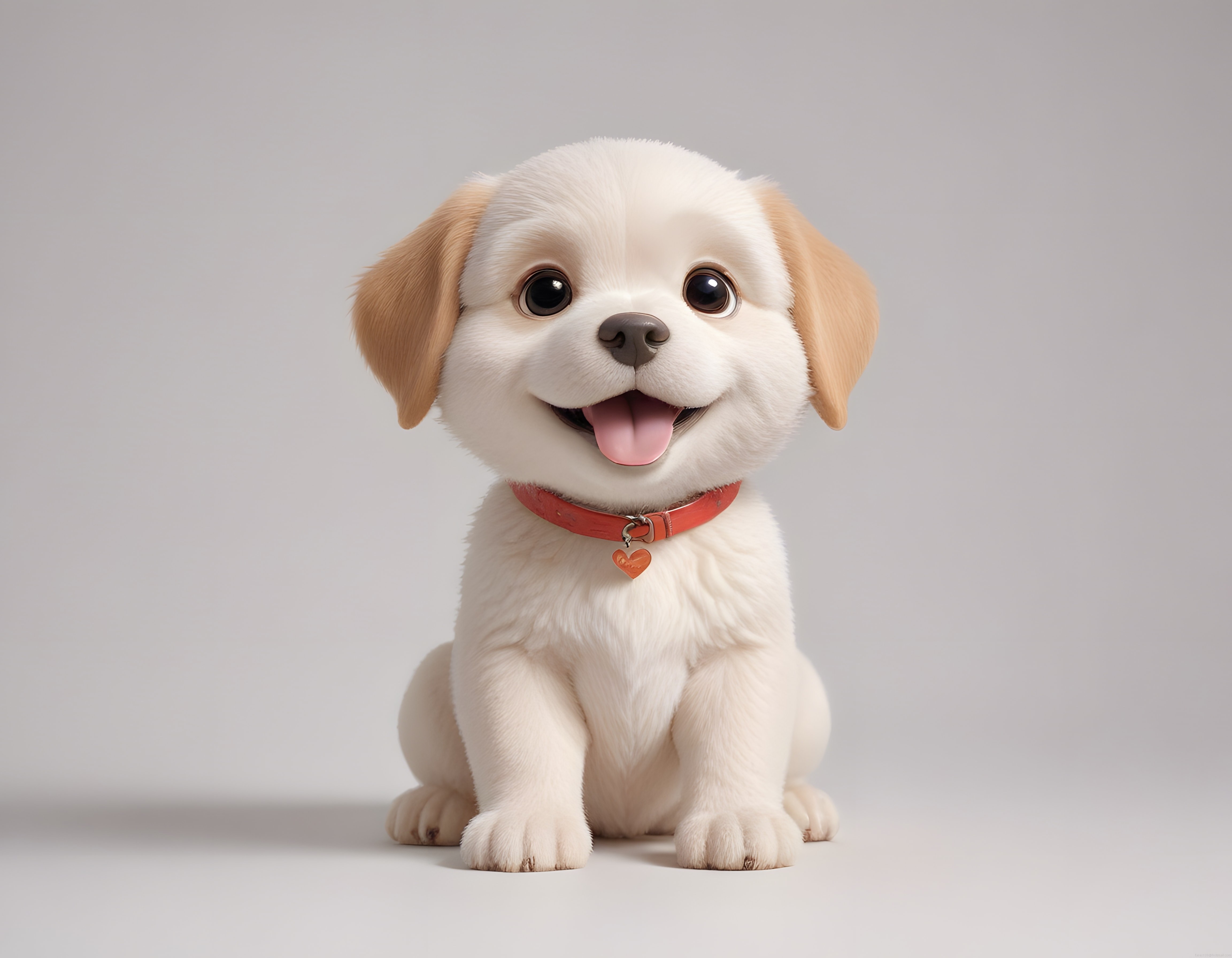 Büyük Gözlü Sevimli Yavru Köpek Masalsı 3D Tasarım ve Kırmızı Kalp Tasma