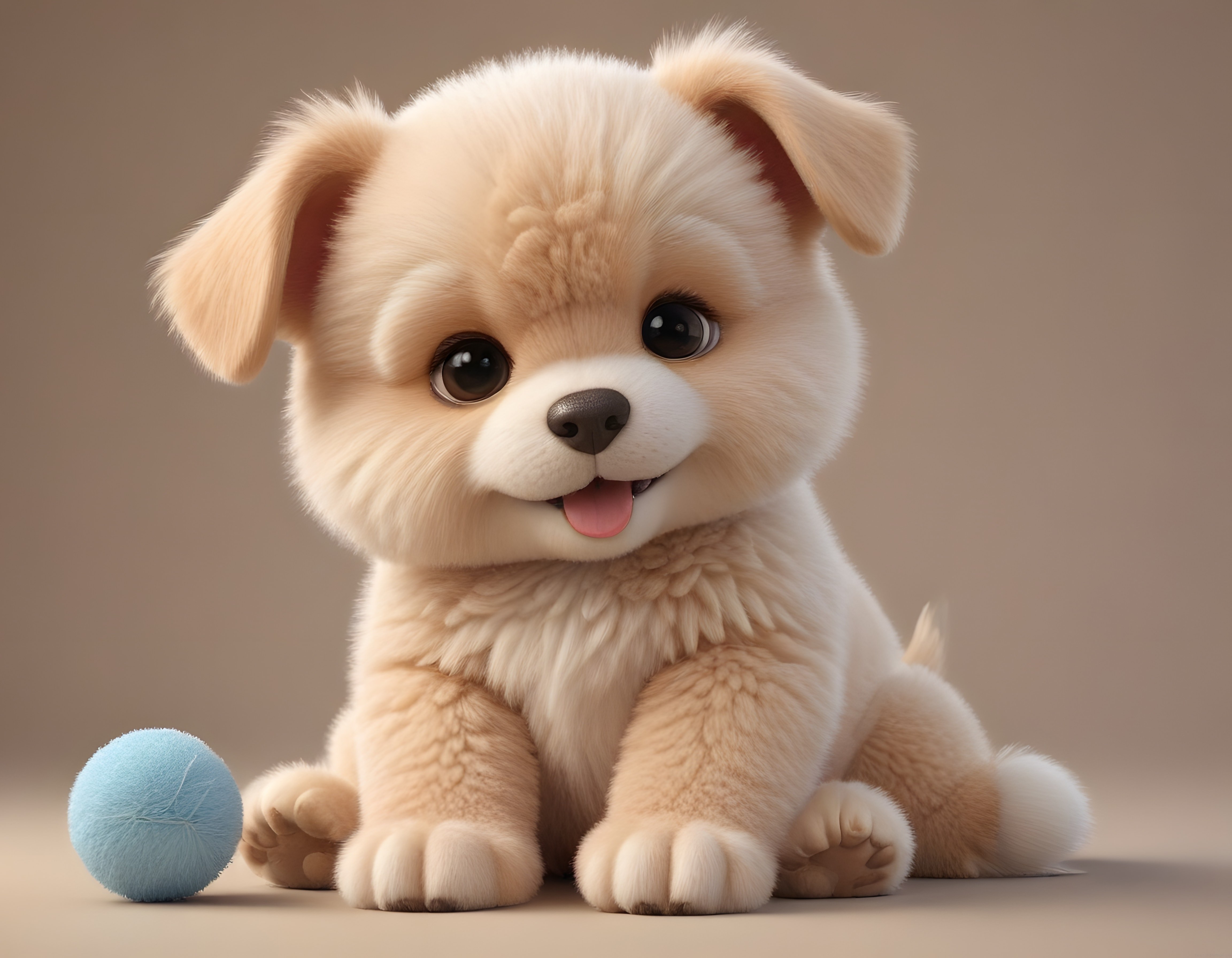 Büyük gözlü sevimli yavru köpek ve mavi oyuncak top 3d render görseli