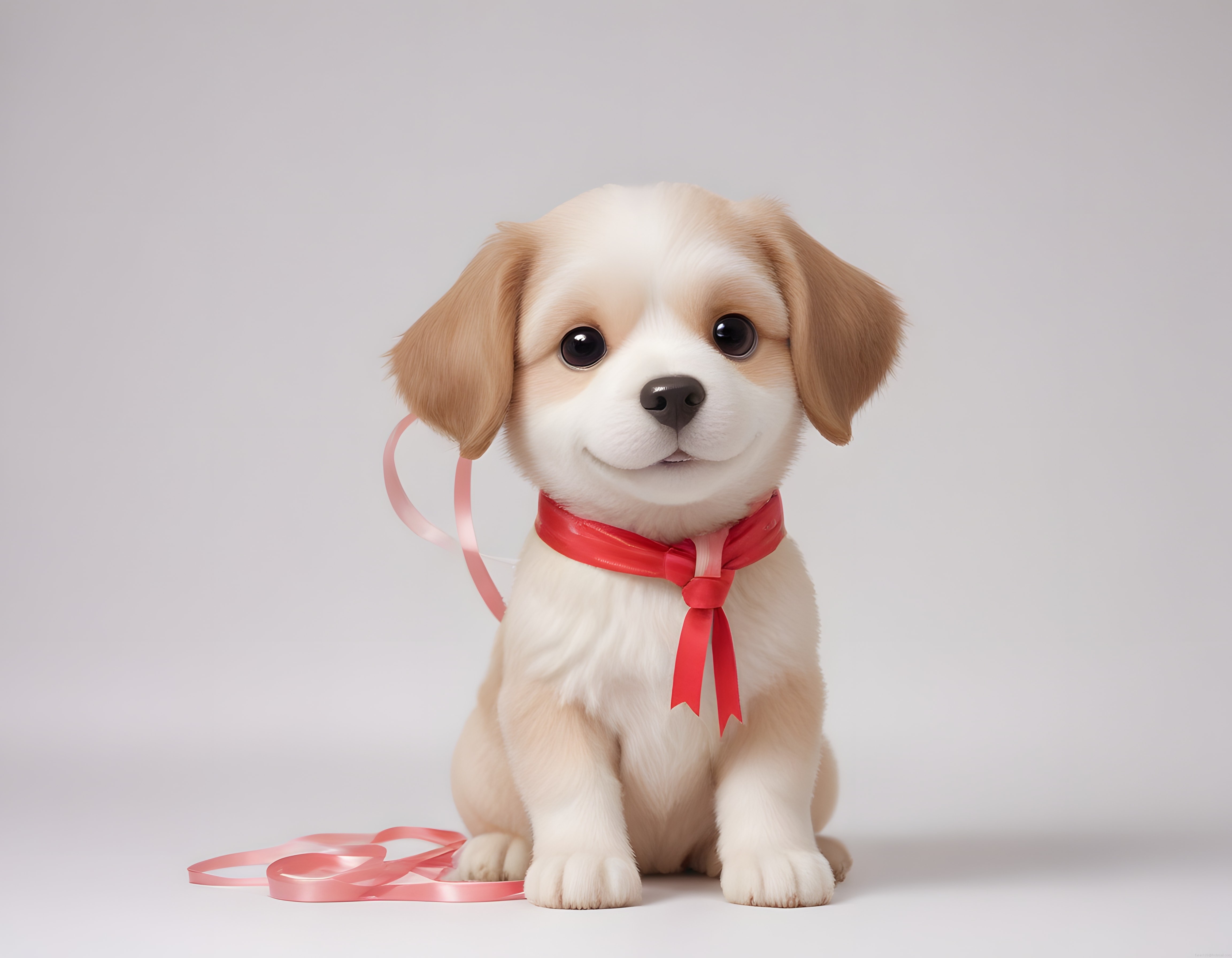 Büyük Gözlü Tatlı Yavru Köpek ve Kırmızı Kurdele ile Sevimli Stüdyo Portresi