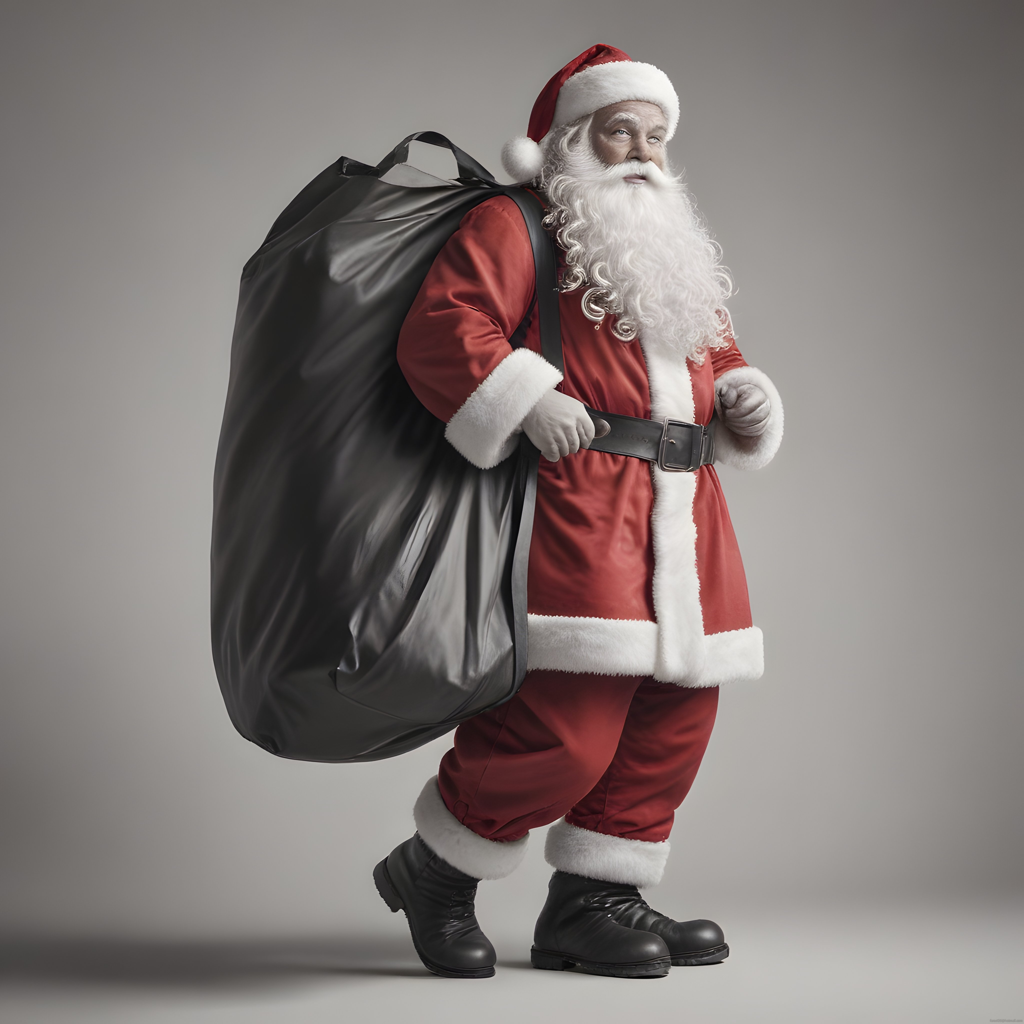 Büyük hediye çuvalını sırtında taşıyan geleneksel Noel Baba stüdyo görseli