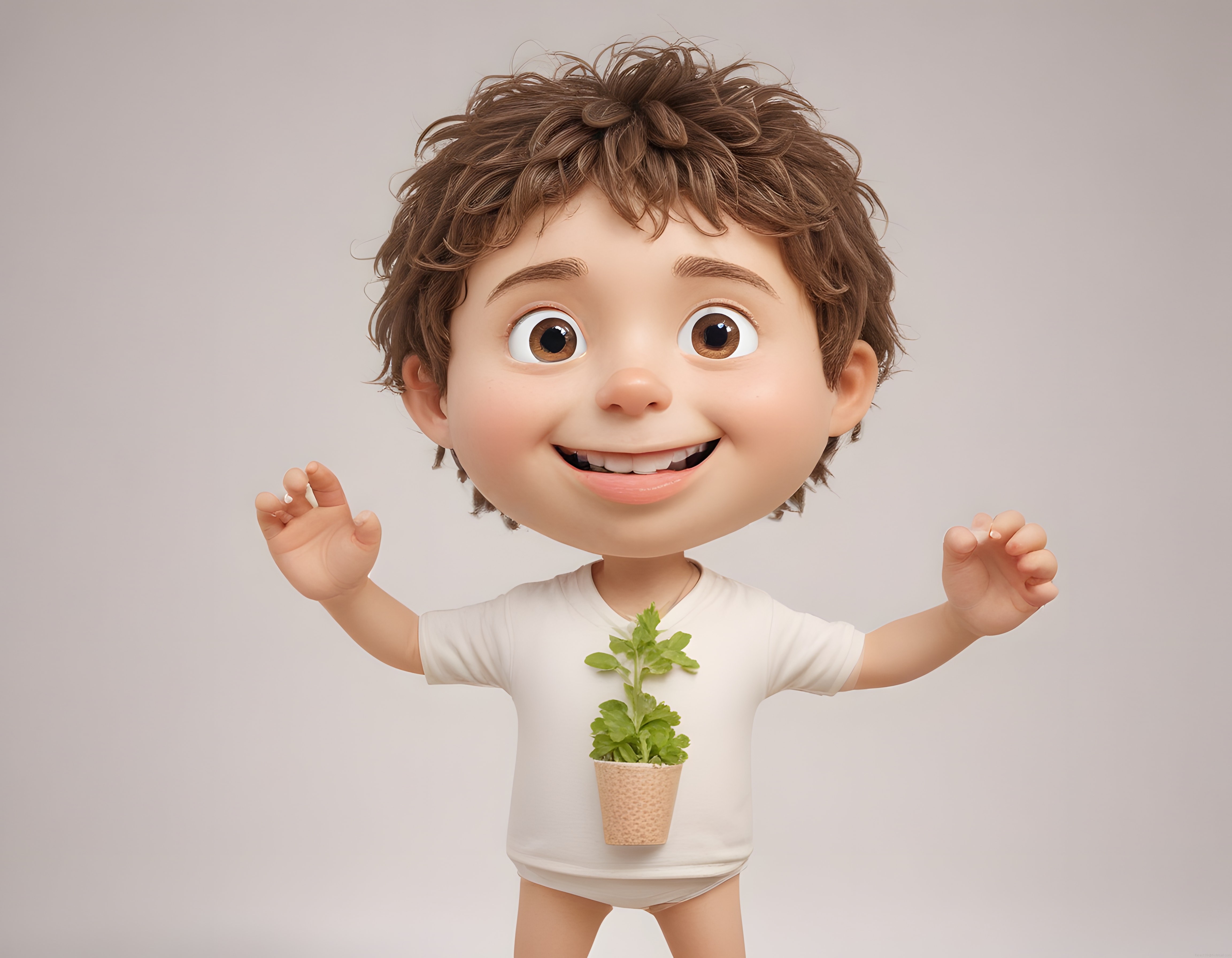 Büyük Kafalı 3D Animasyon Çocuk Karakteri ile Bitkili Saksı ve Neşeli Poz