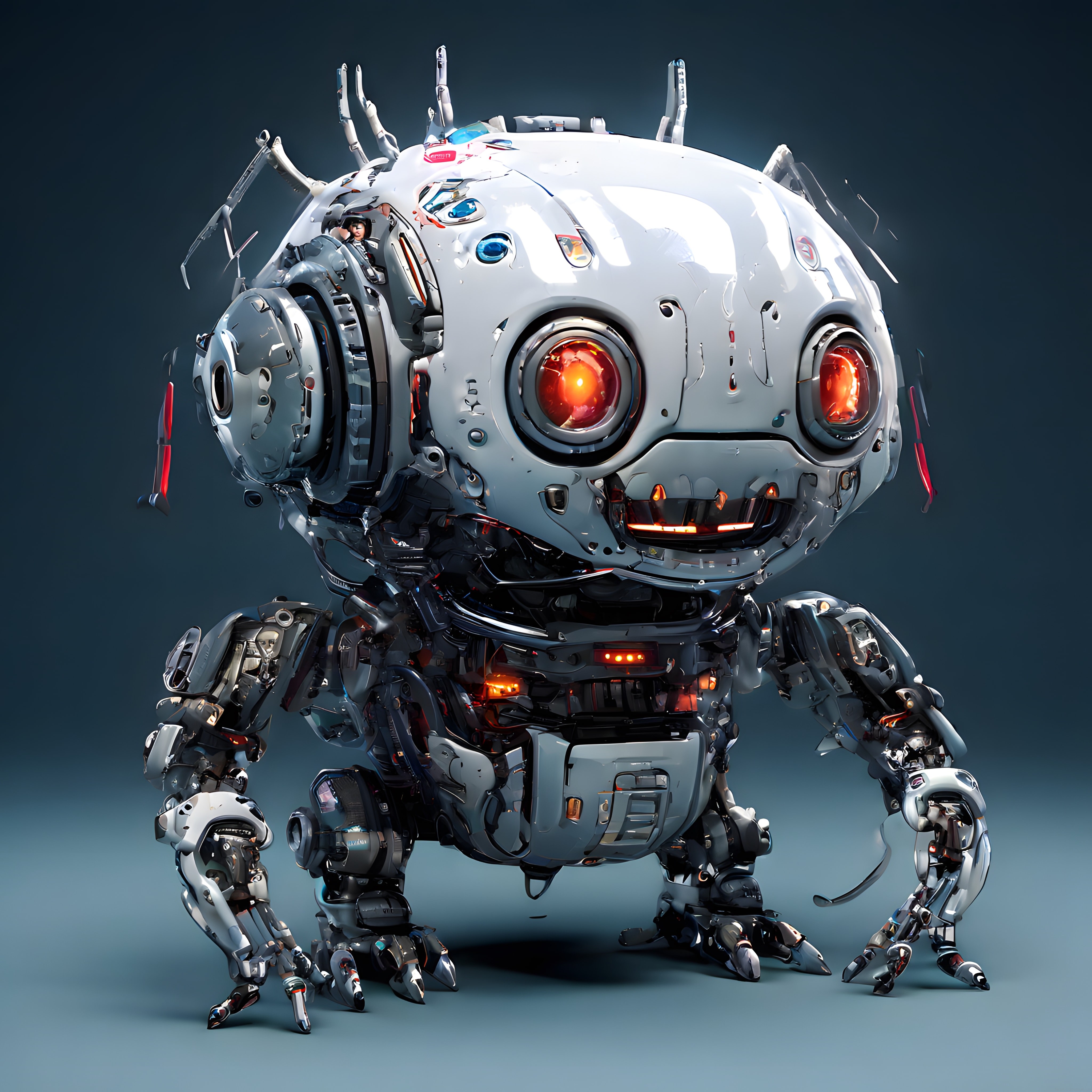 Büyük Kafalı Kırmızı Gözlü Sevimli Robot: Geleceğin Mekanik Varlığı