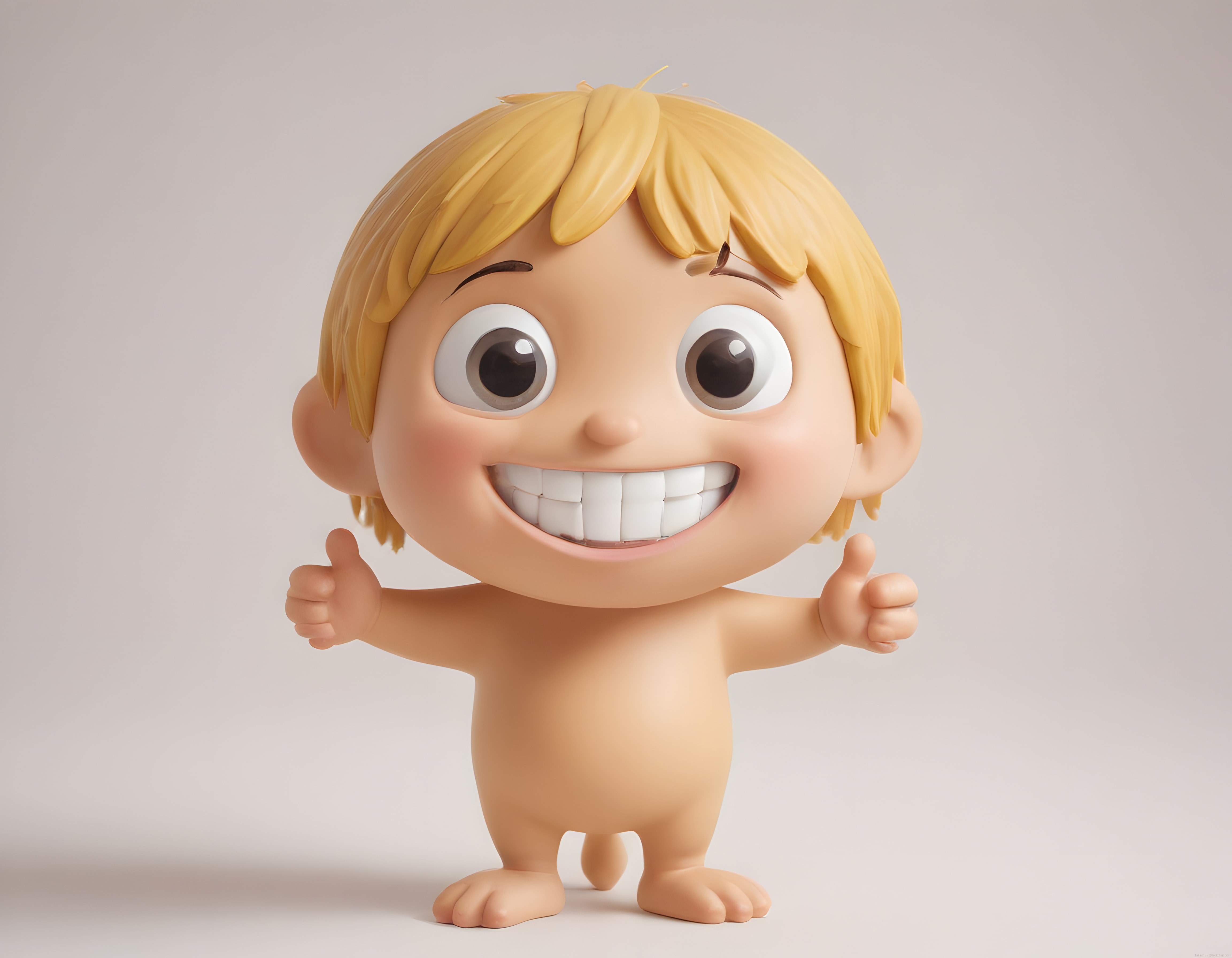 Büyük kafalı sevimli 3D animasyon bebek başparmaklarını yukarı kaldırıyor