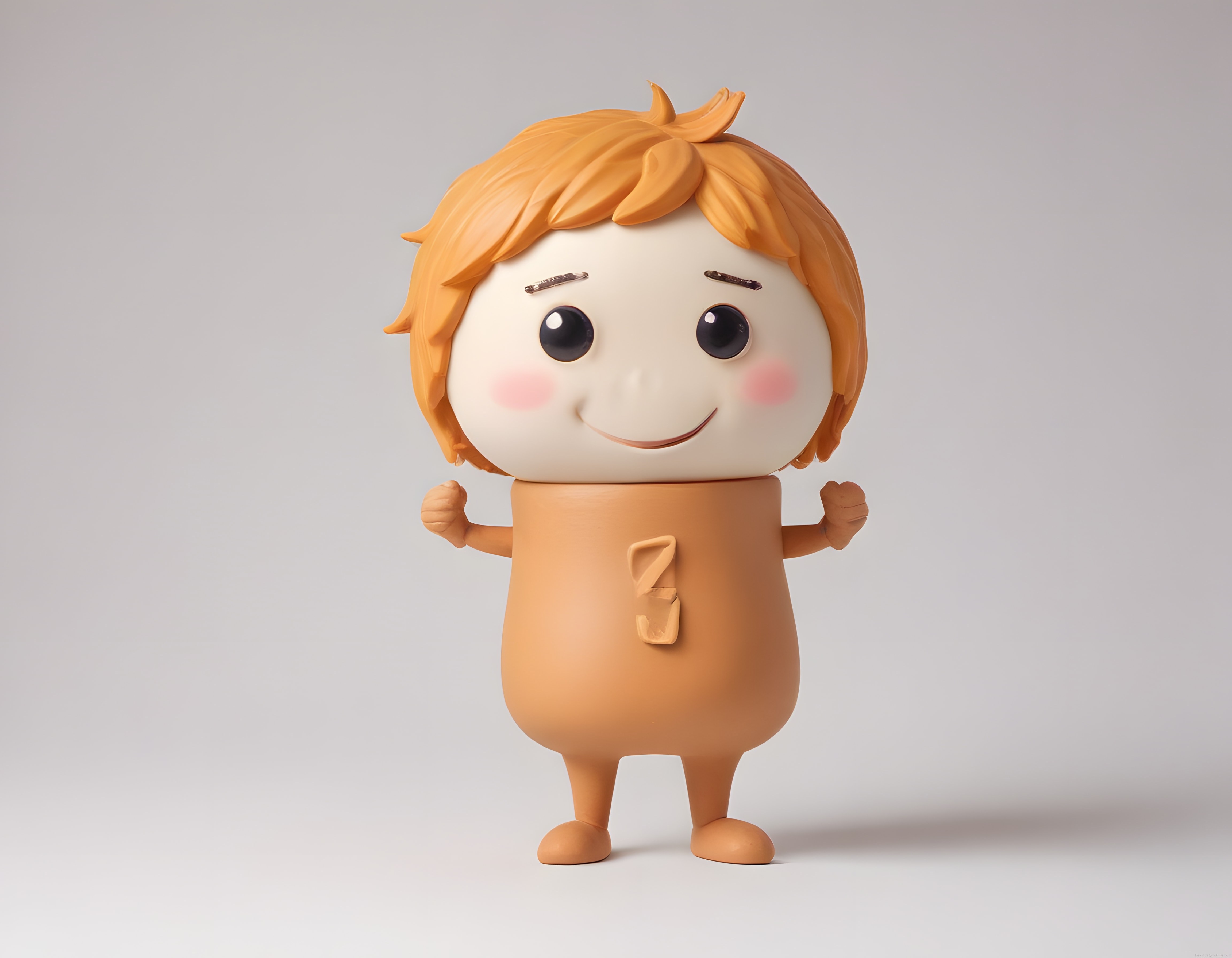 Büyük kafalı sevimli 3D çizgi karakter figürü, masum ifadeli turuncu saçlı model