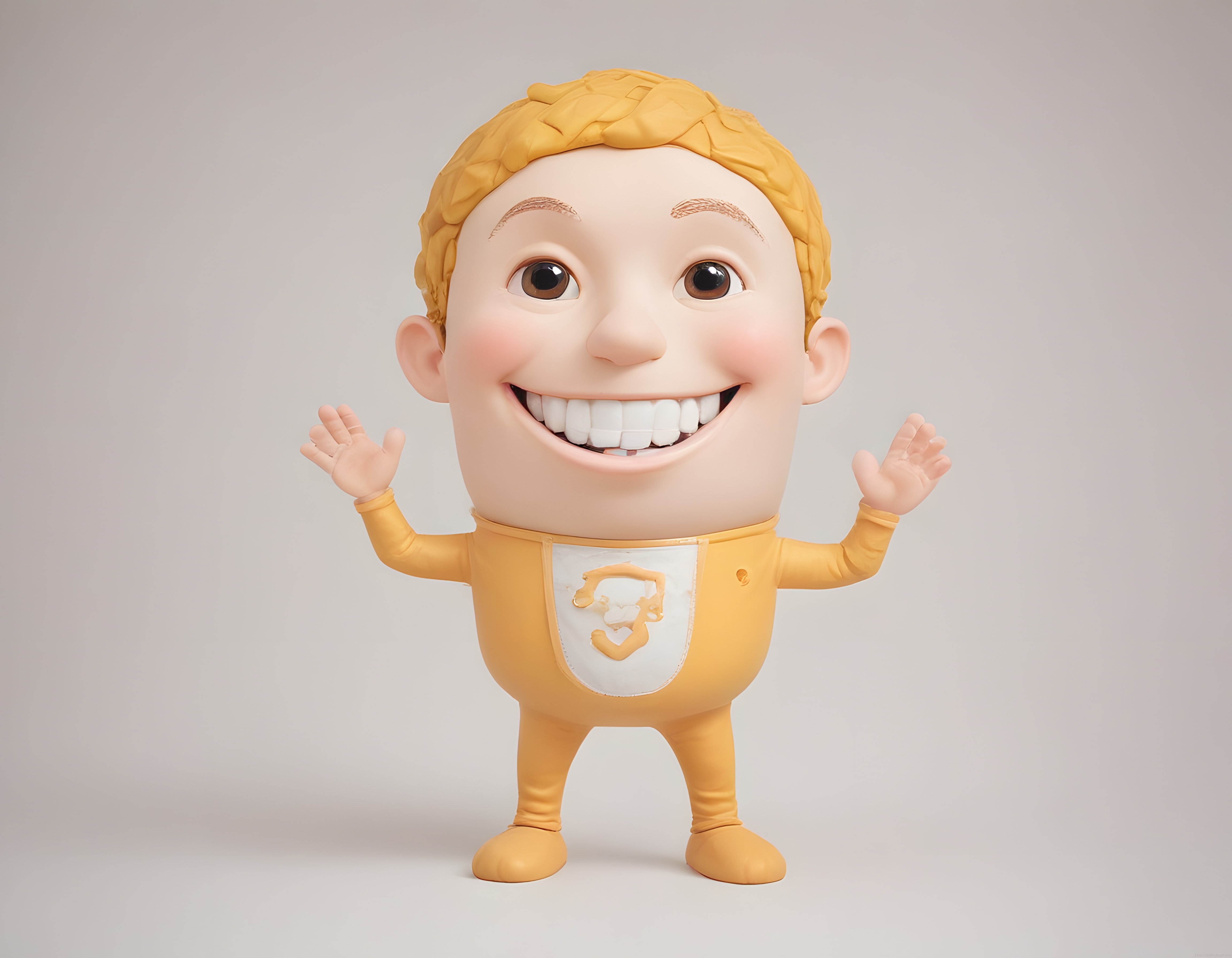 Büyük kafalı sevimli 3D maskot karakteri sarı tulumlu neşeli oyuncak figür render