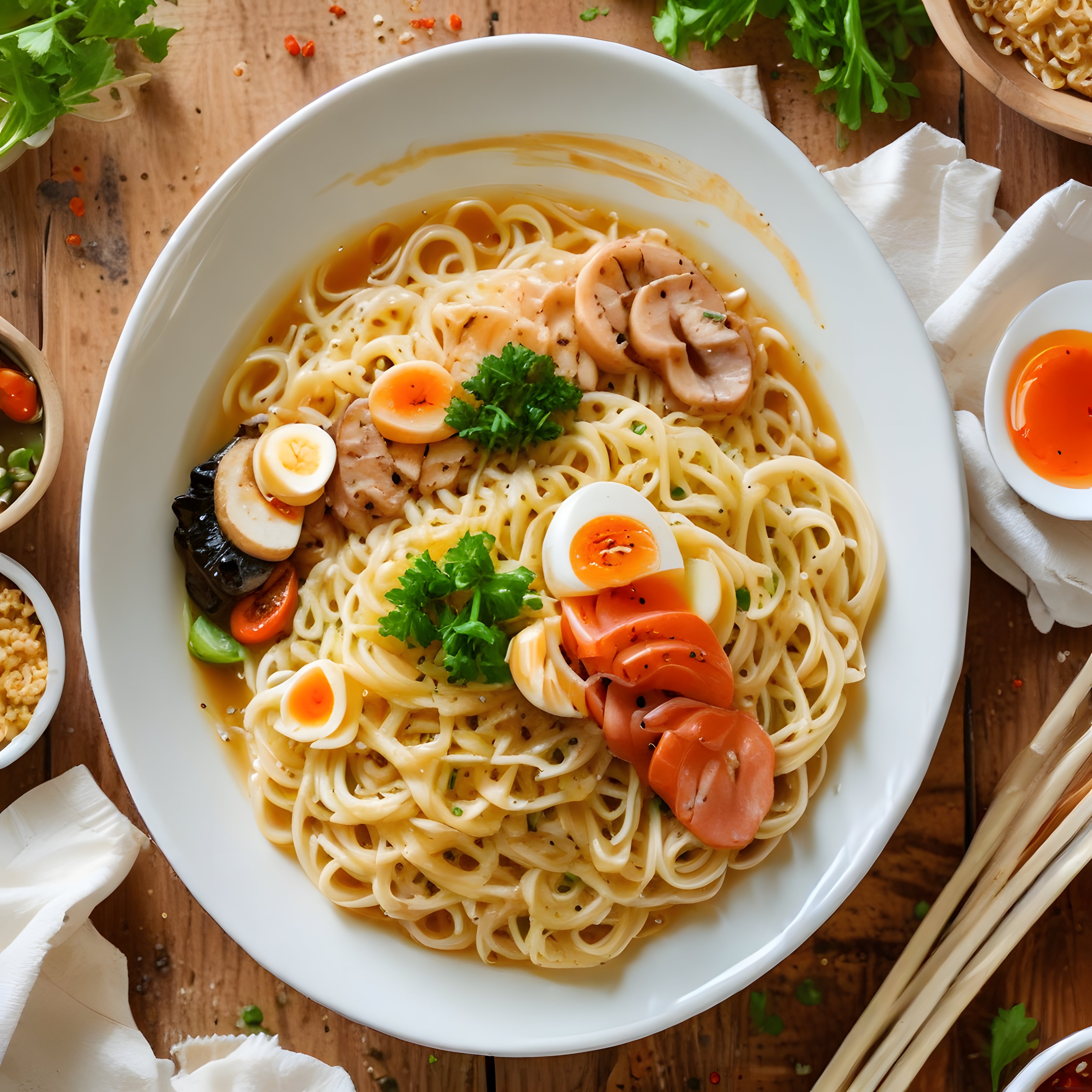 Büyük Kasede Japon Ramen: Yumurta, Mantar ve Erişte ile Lezzetli Asya Mutfağı