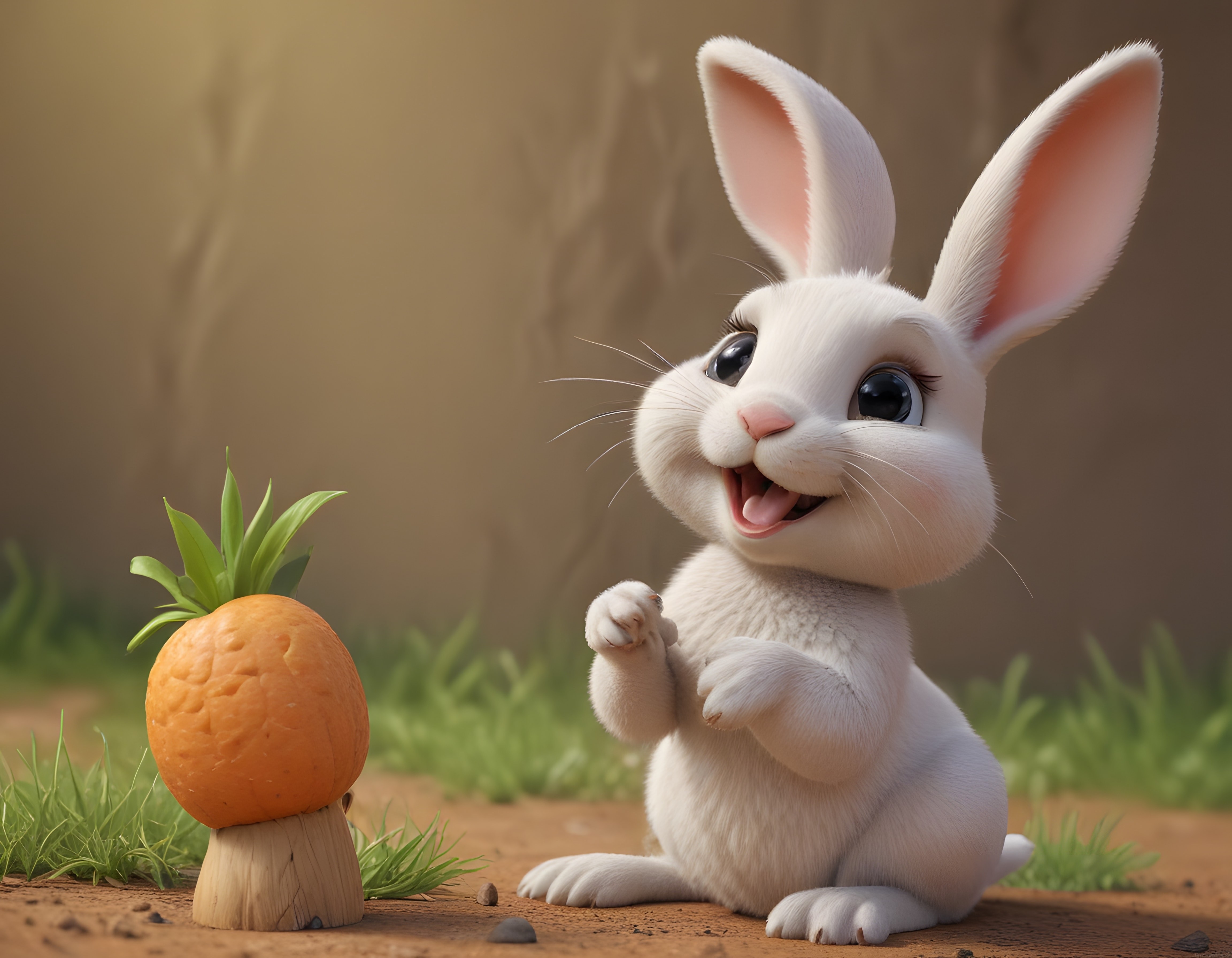 Büyük Kulaklı Beyaz Tavşan ve Dev Havuç: Neşeli 3D Animasyon Sahnesi