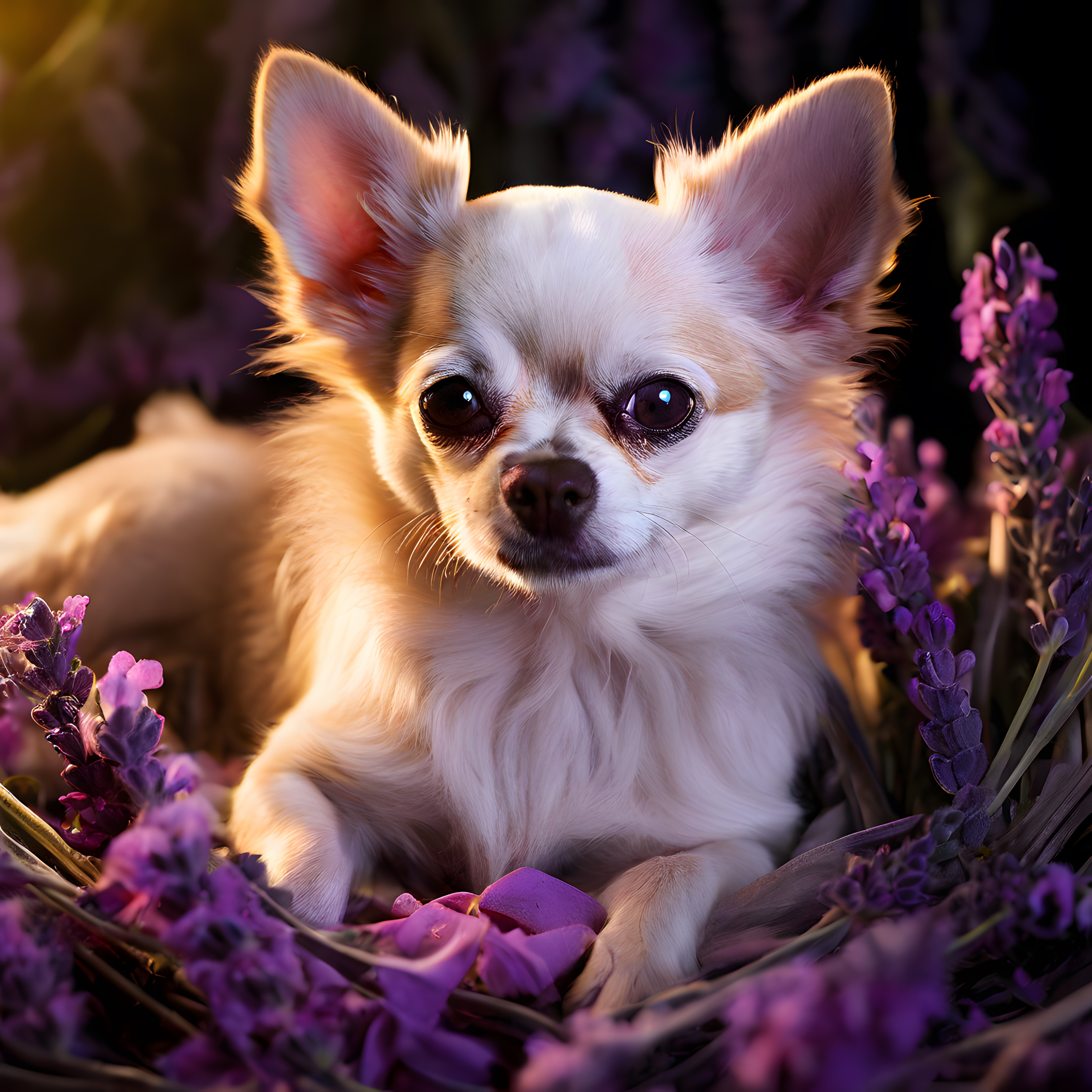 Büyük Kulaklı Chihuahua Lavanta Çiçekleri Arasında Sanatsal Portre