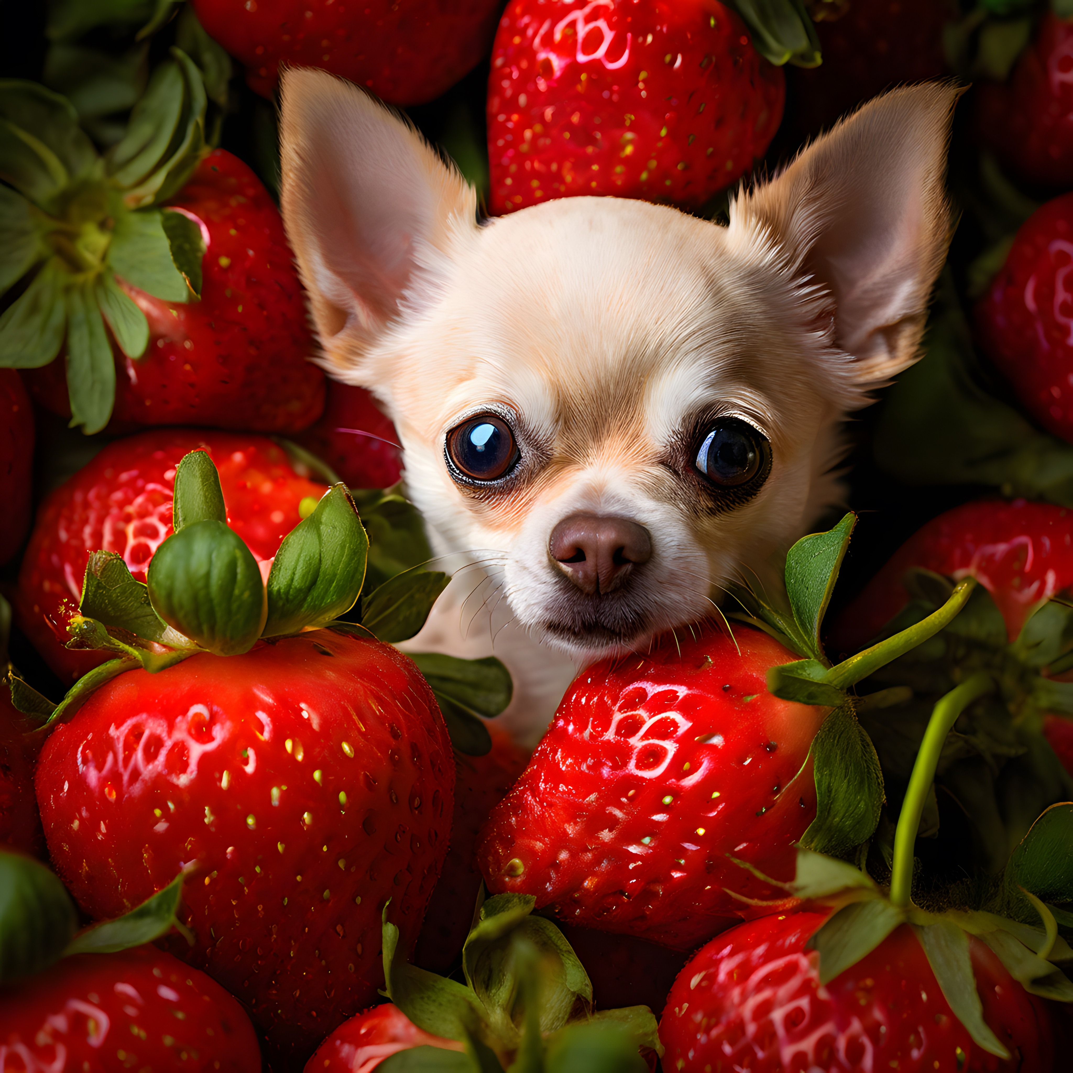 Büyük Kulaklı Chihuahua'nın Parlak Çileklerle Dolu Neşeli Renkli Portresi