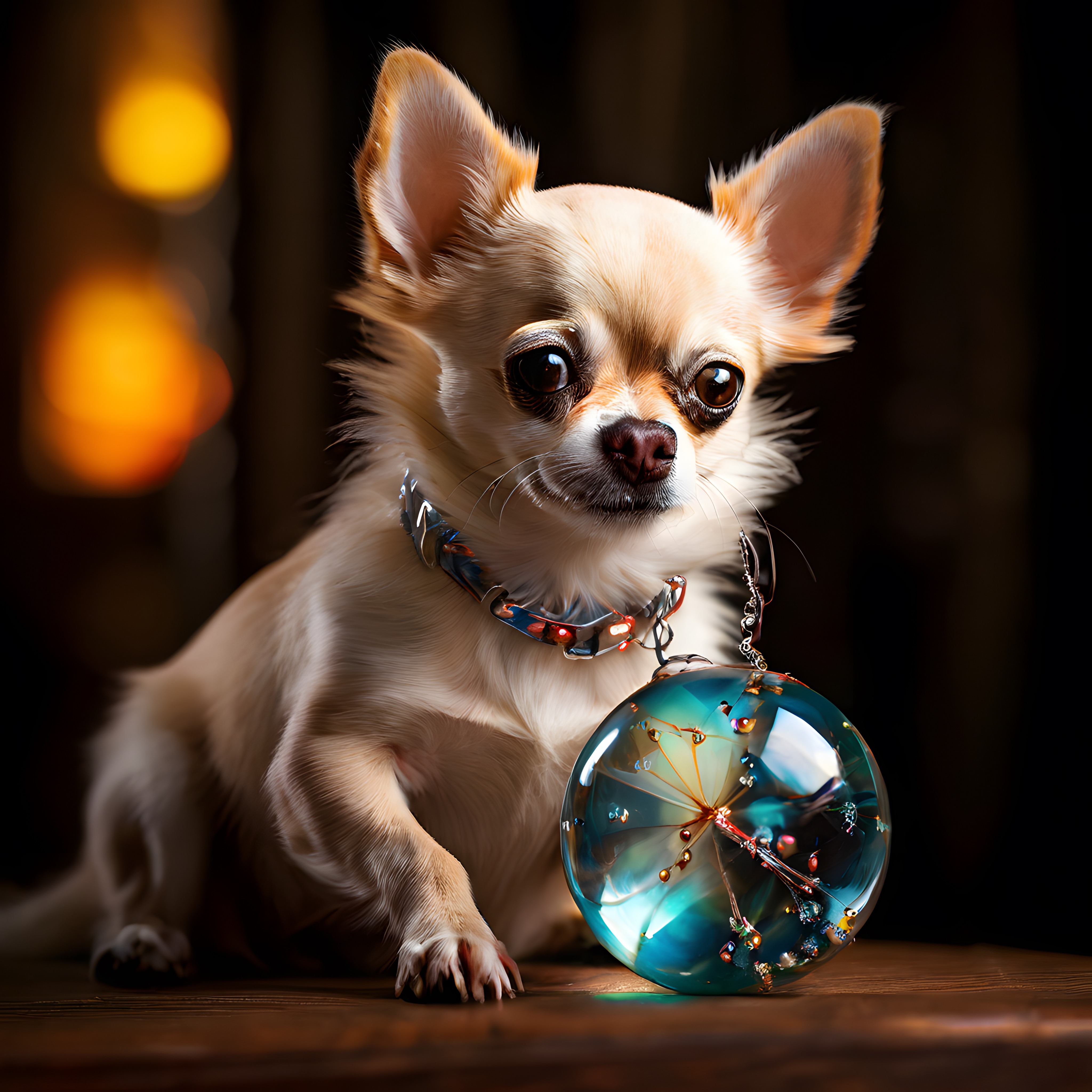 Büyük Kulaklı Chihuahua ve Işıltılı Kristal Küre: Sıcak Bokehli Dijital Sanat