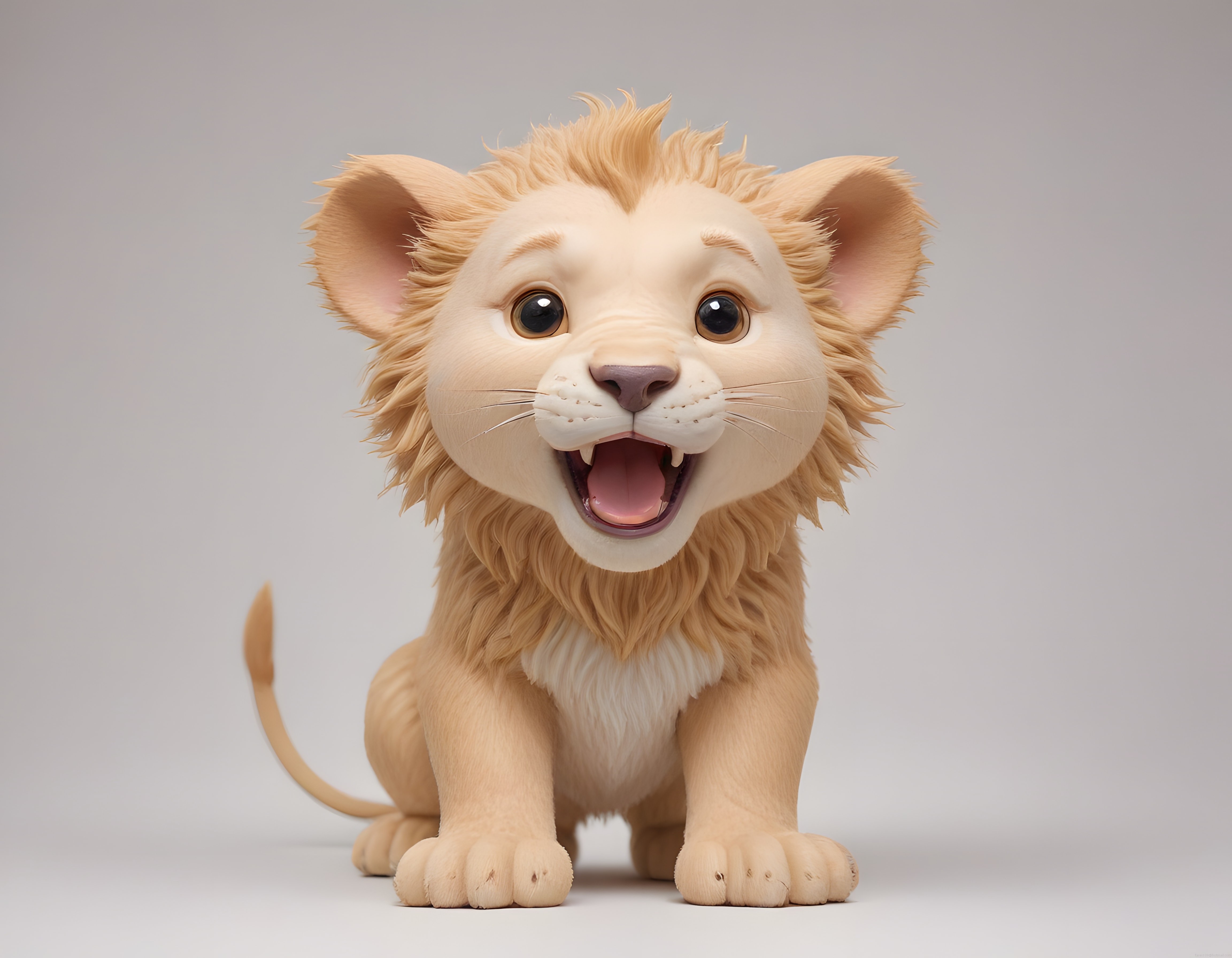 Büyük Kulaklı Sevimli 3D Animasyon Aslan Yavrusu Karakteri Beyaz Arka Planda Oturuyor