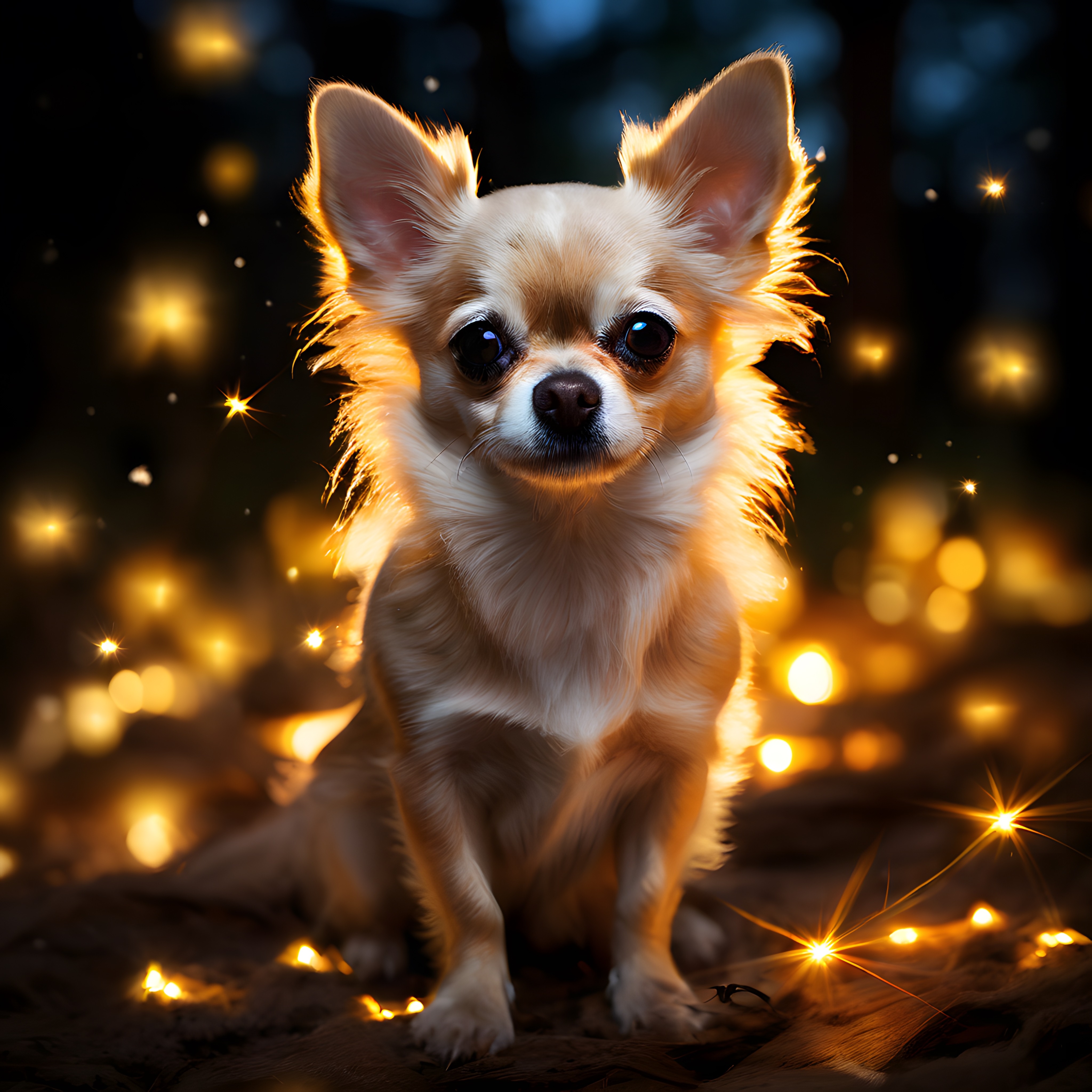 Büyük Kulaklı Sevimli Chihuahua Köpeği Sihirli Işıklı Orman Ortamında