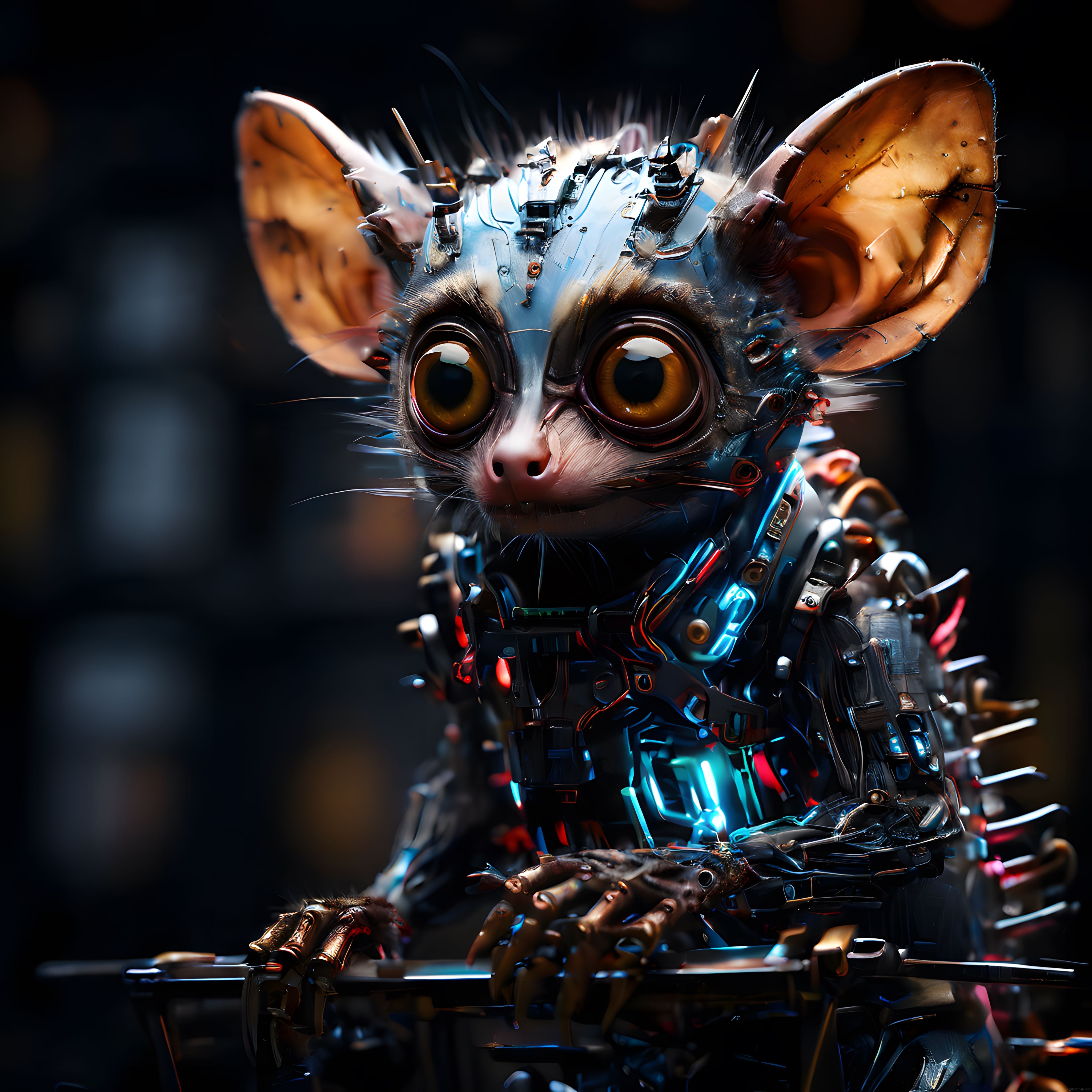 Büyük kulaklı sevimli cyborg kedi portresi ve neon ışıklı mekanik detaylar