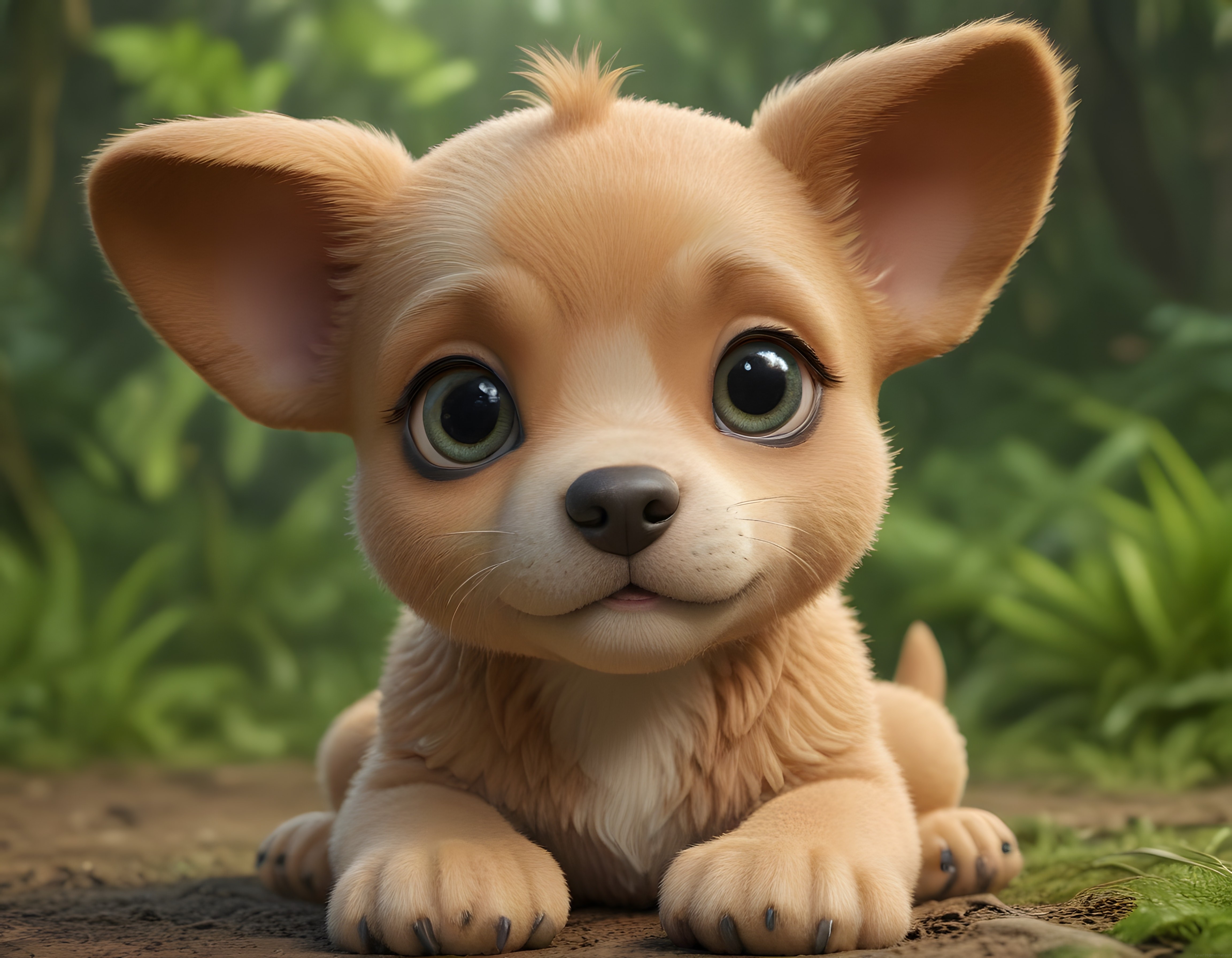 Büyük Kulaklı ve Işıltılı Gözleriyle Sevimli Ormandaki Çizgi Film Köpekçiği