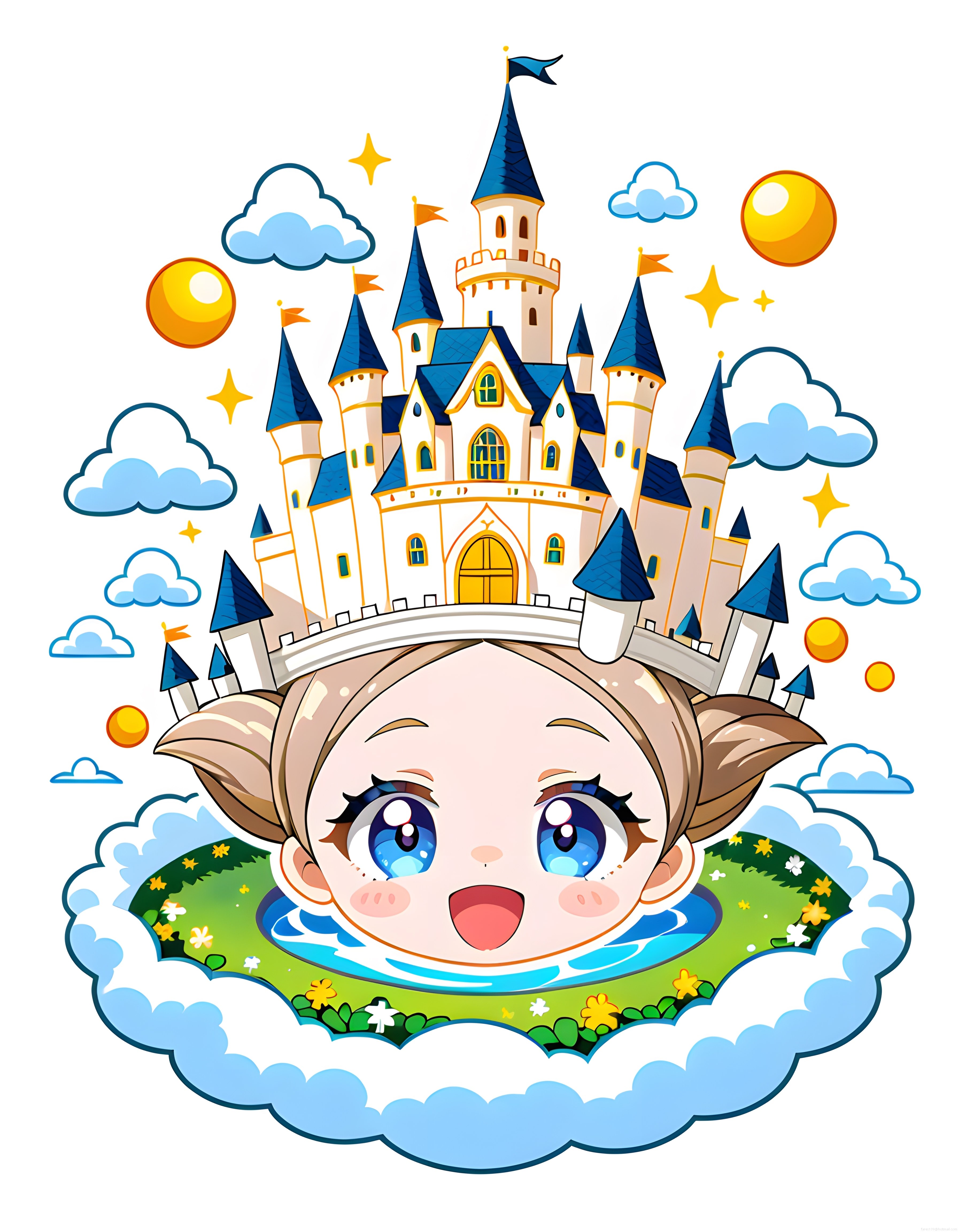 Büyük Mavi Gözlü Anime Karakter ve Göklerdeki Masal Şatosu Çizim