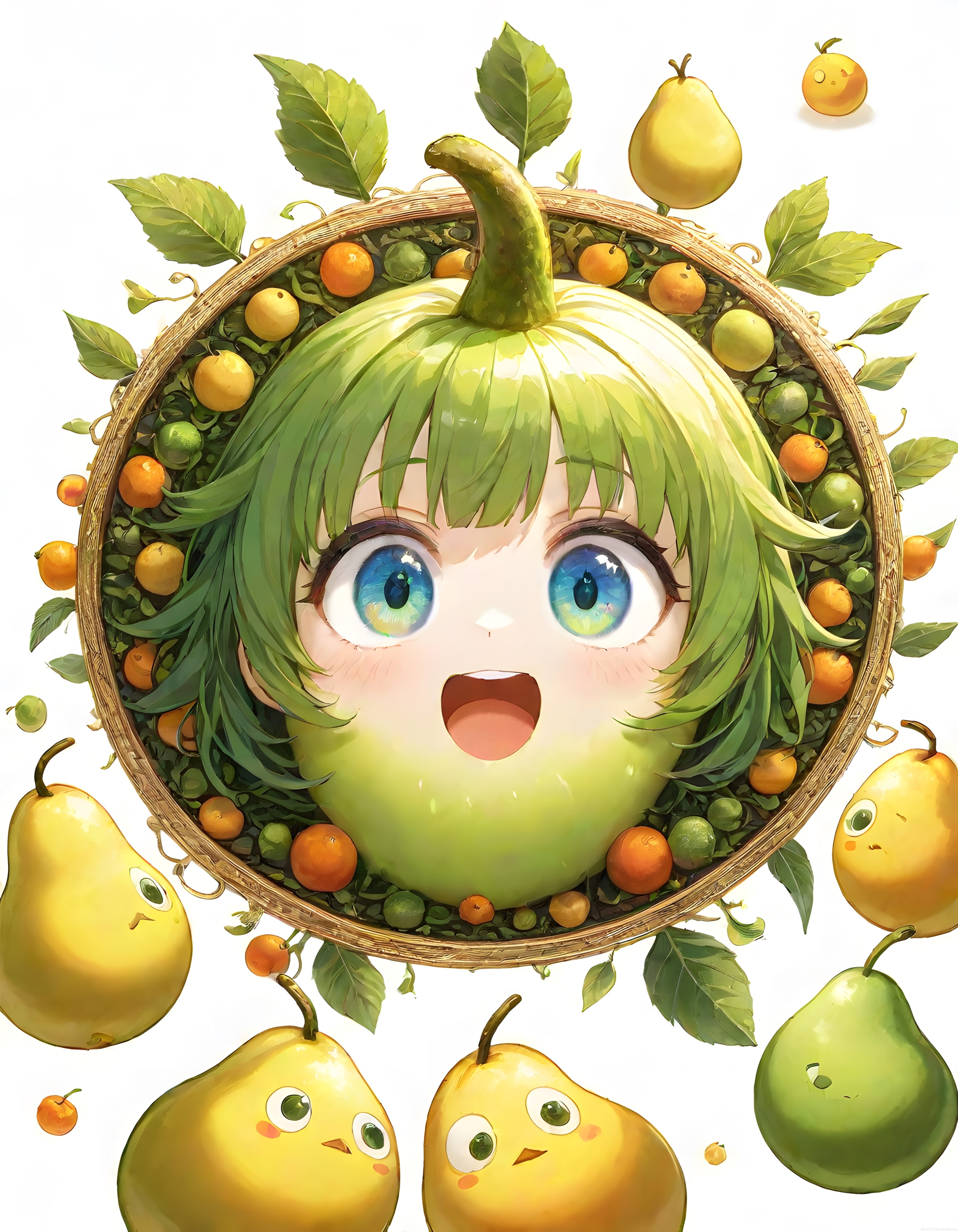 Büyük Mavi Gözlü Sevimli Anime Armut Kız ve Meyve Sepeti İllüstrasyonu