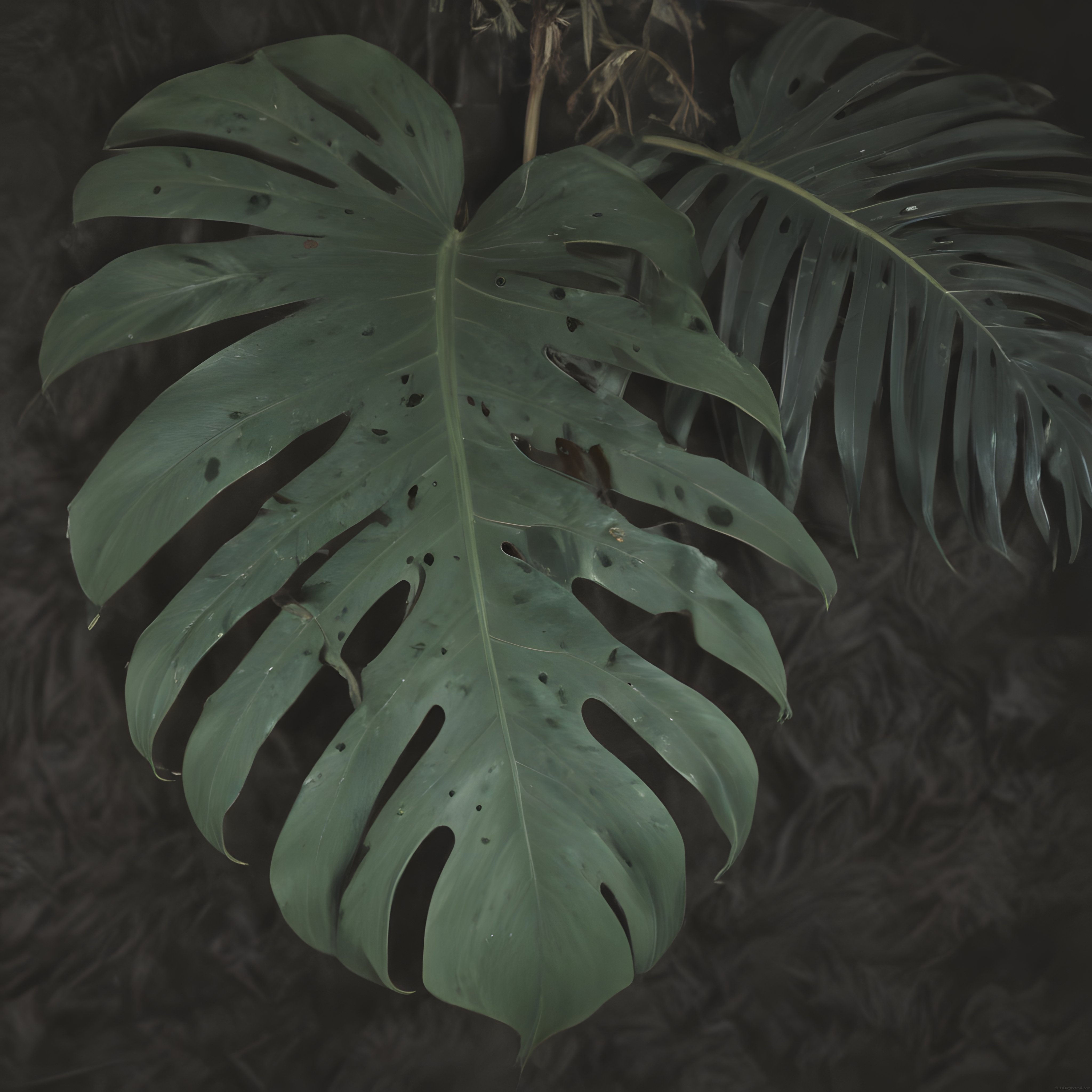 Büyük Monstera Yaprağının Loş Işıktaki Gizemli Tropikal Detayları ve Yapısı