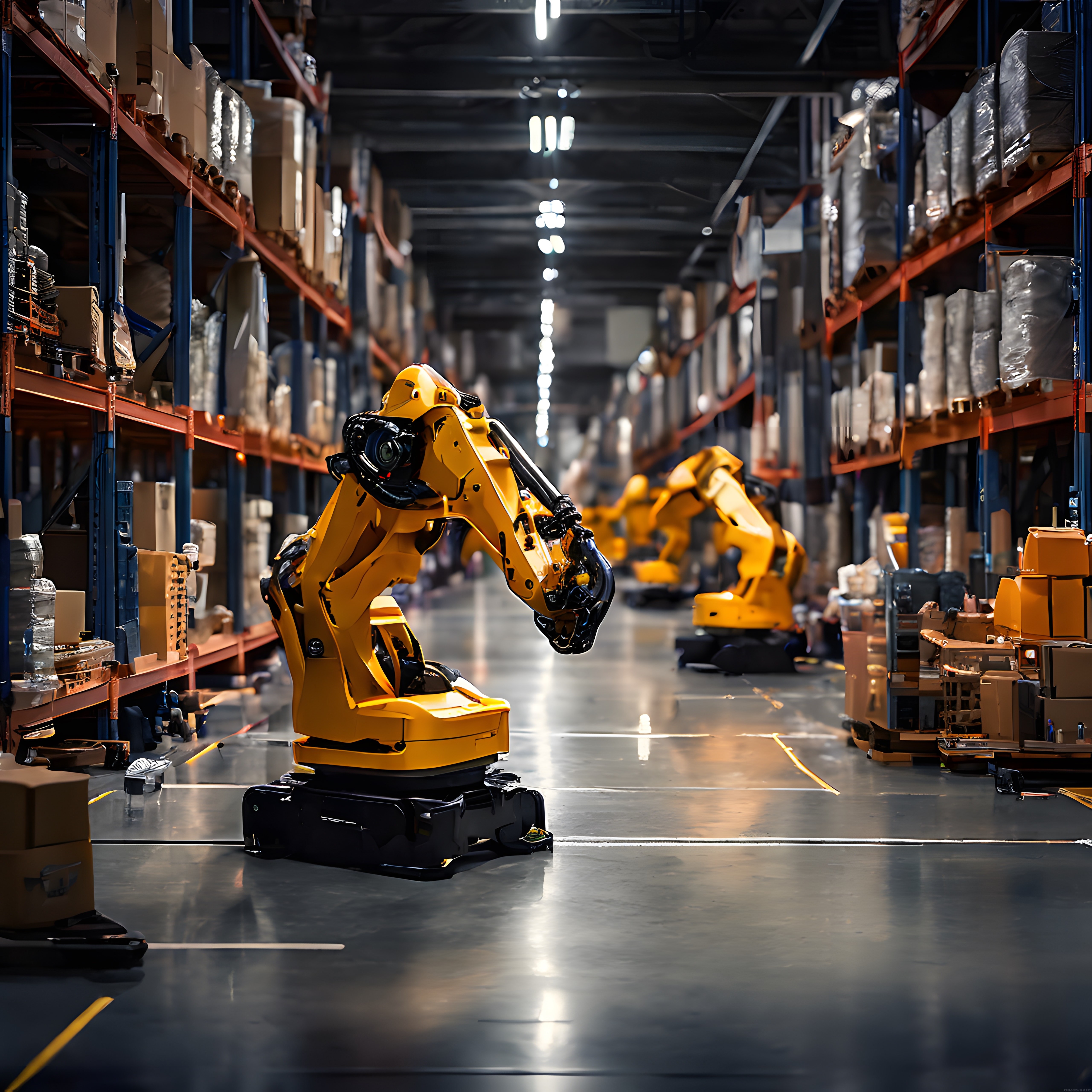 Büyük Ölçekli Depoda Çalışan Endüstriyel Robot Kollar ve Akıllı Otomasyon
