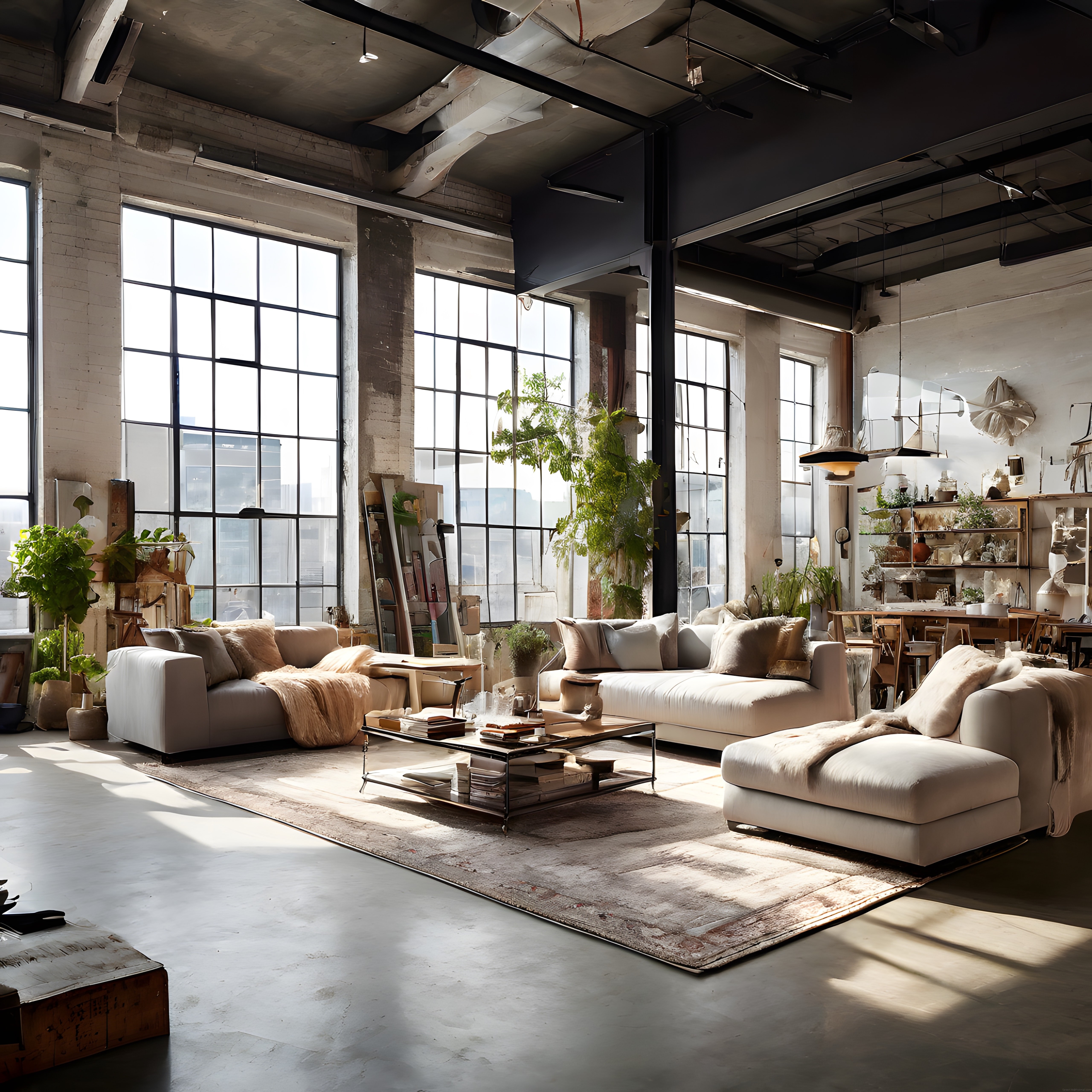 Büyük pencereli endüstriyel loft oturma odası