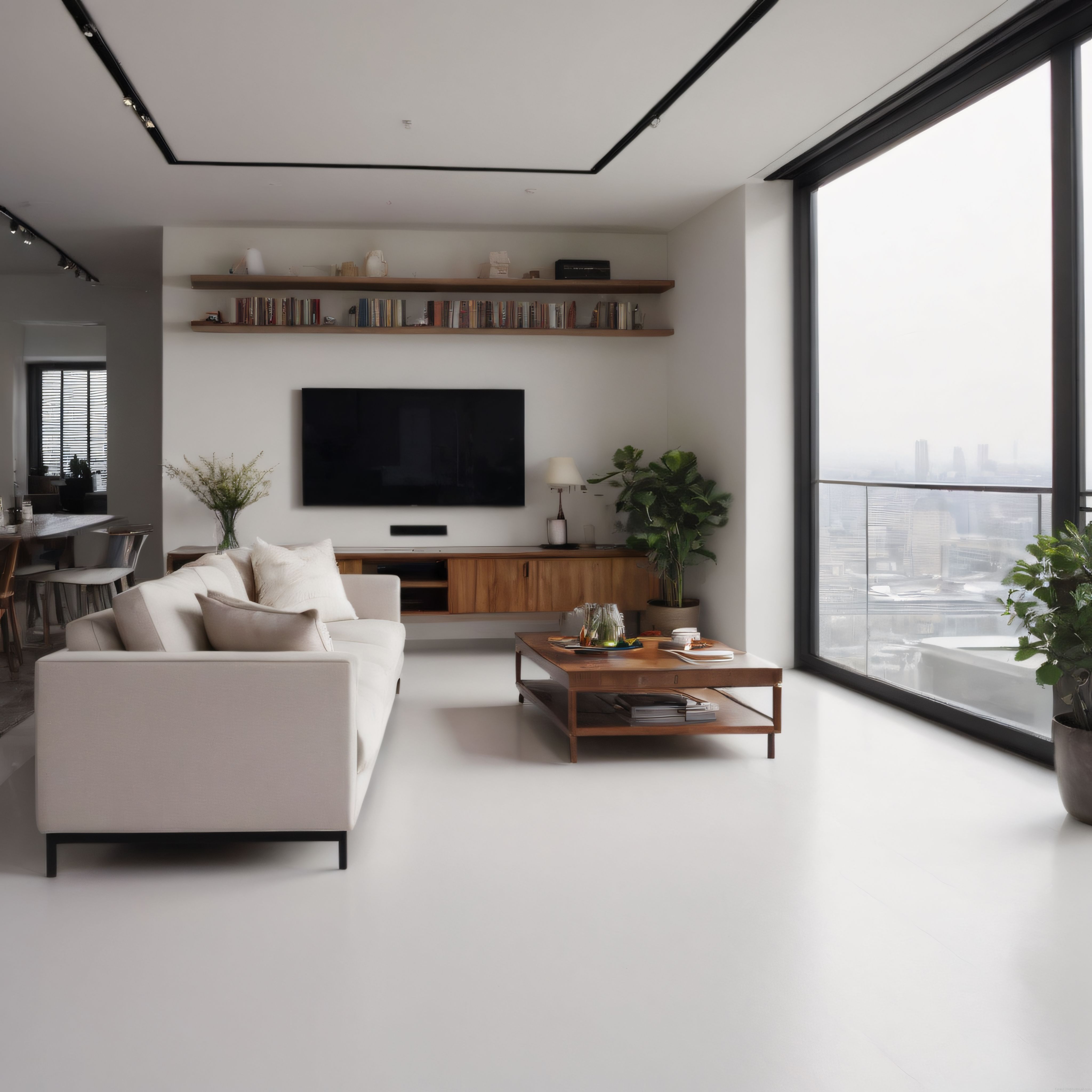 Büyük Pencereli Şehir Manzaralı Modern Minimalist Salon Dekorasyonu