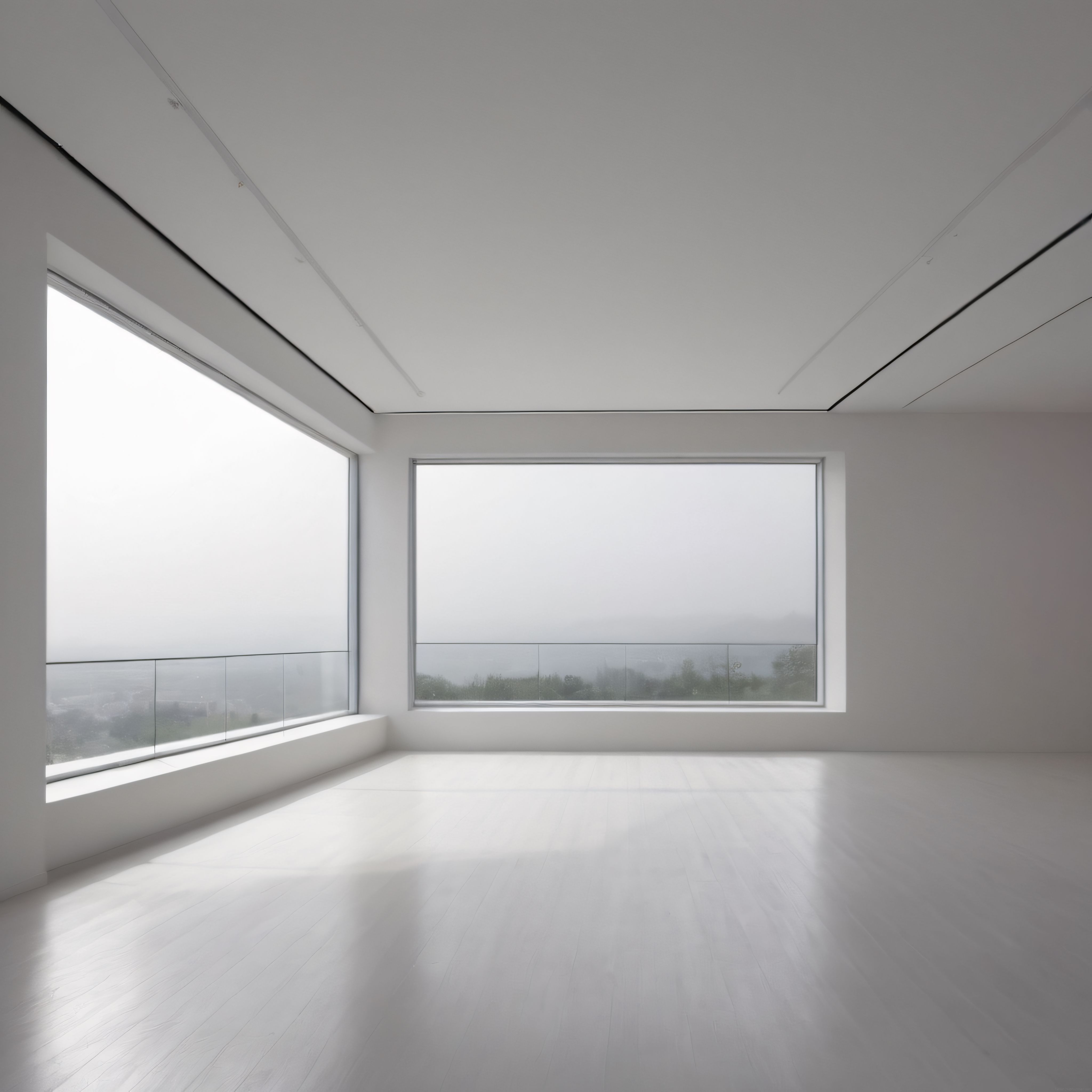 Büyük Pencereli Sisli Manzaralı Minimalist Beyaz Oda Tasarımı