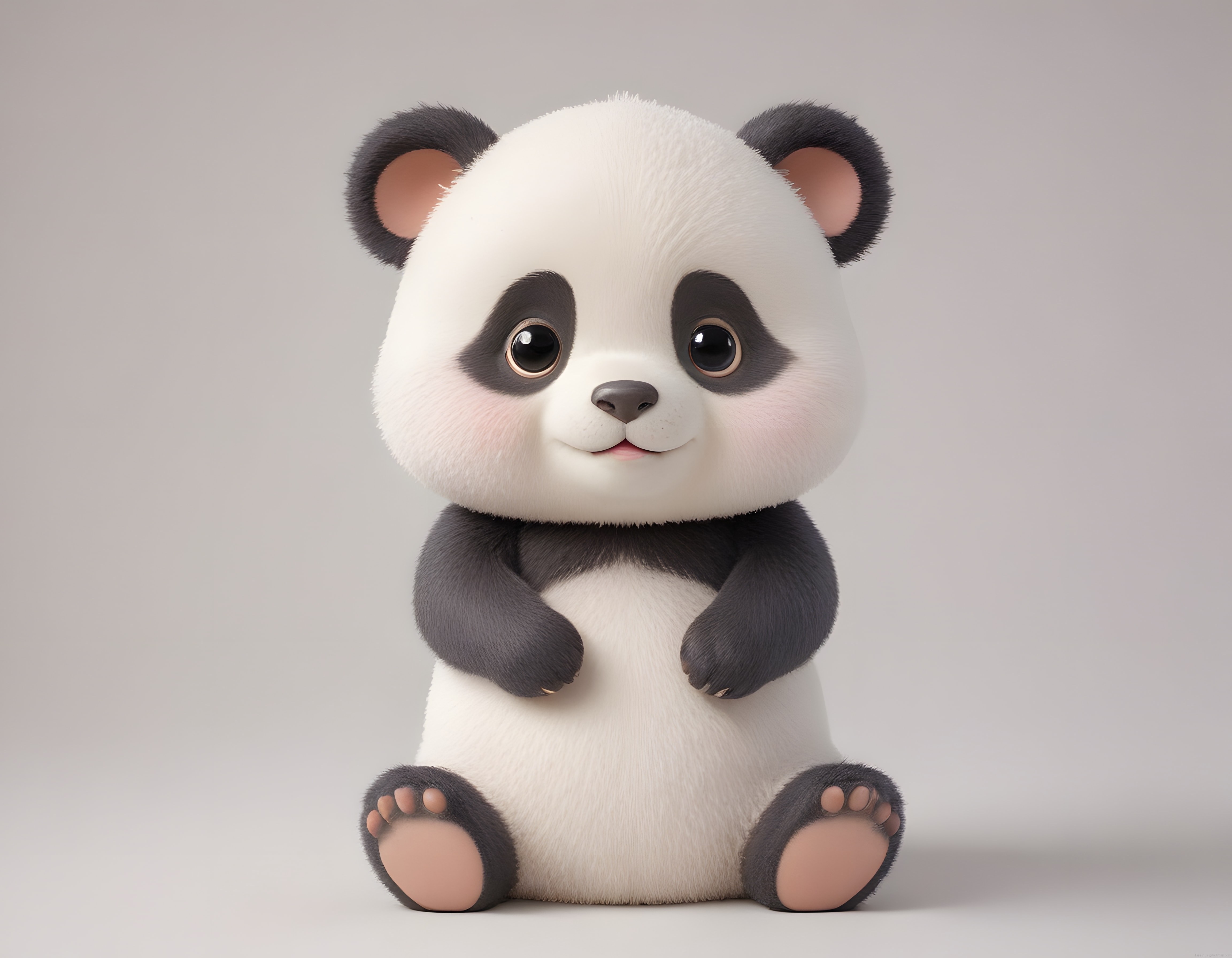 büyük siyah gözleriyle oturan sevimli pelüş panda yavrusu 3d karakter