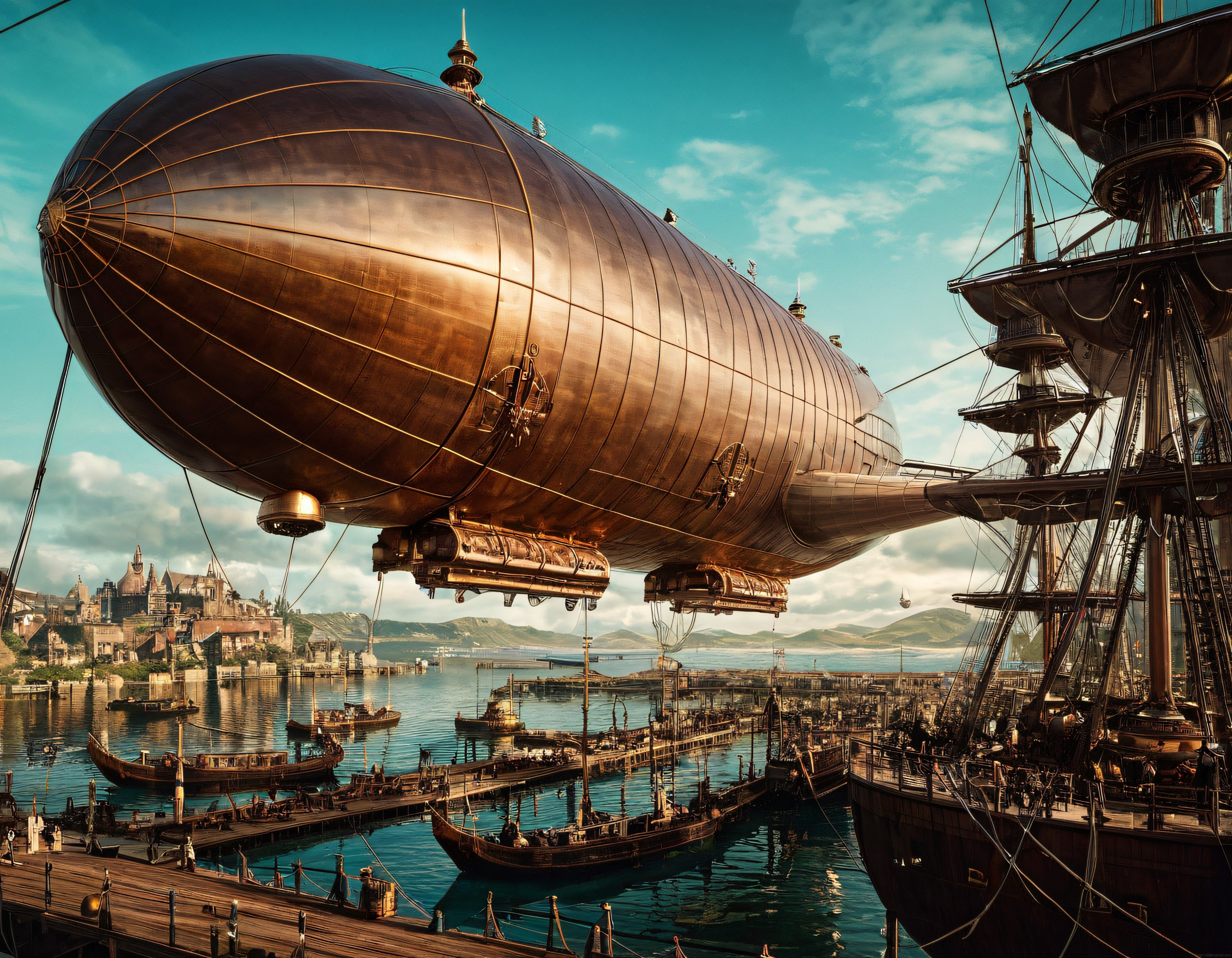 Büyük Steampunk Hava Gemisiyle Fantastik Liman Manzarası Dijital Sanat Eseri