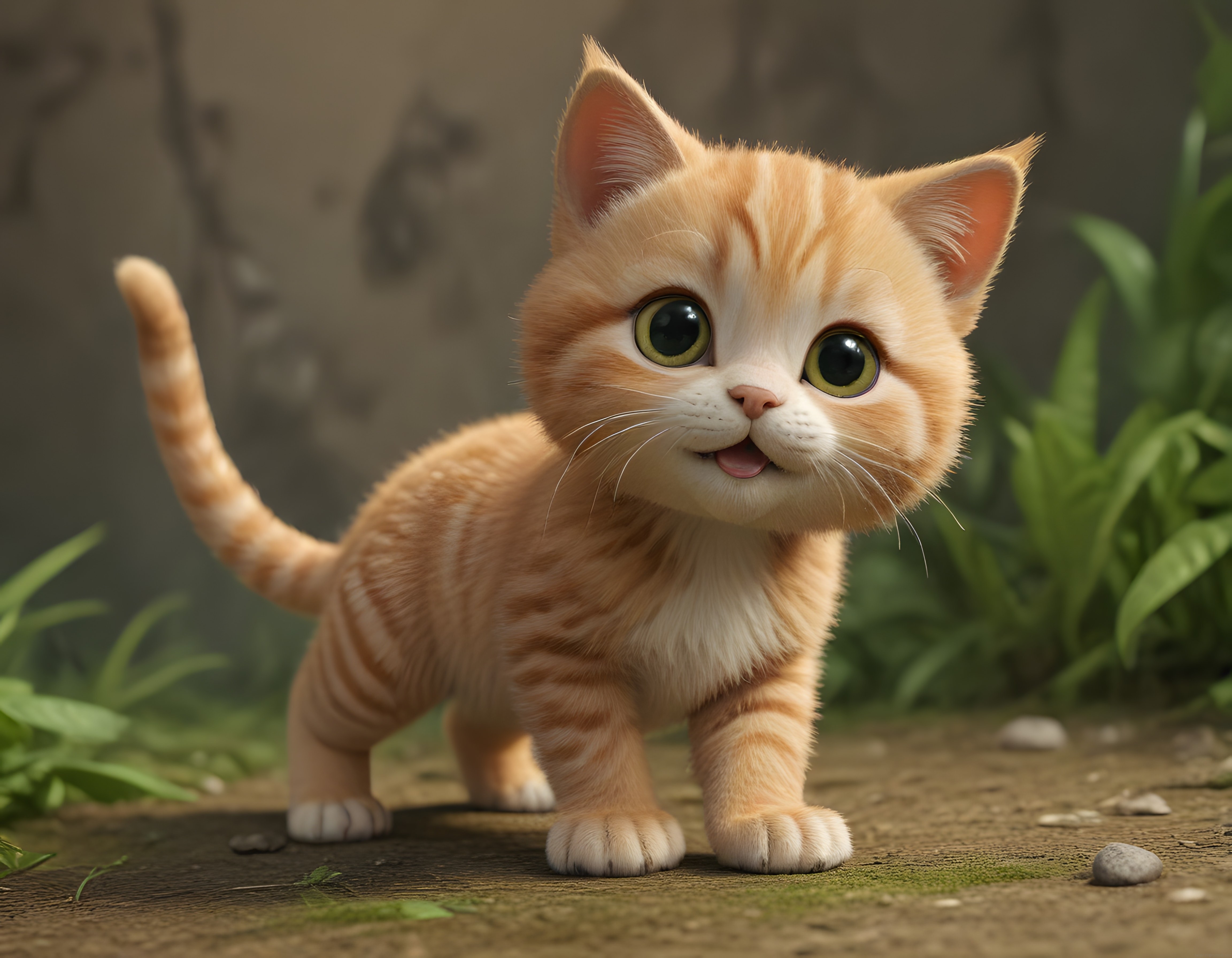 Büyük Yeşil Gözlü Turuncu Beyaz Desenli Sevimli 3D Animasyon Kedi Yavrusu
