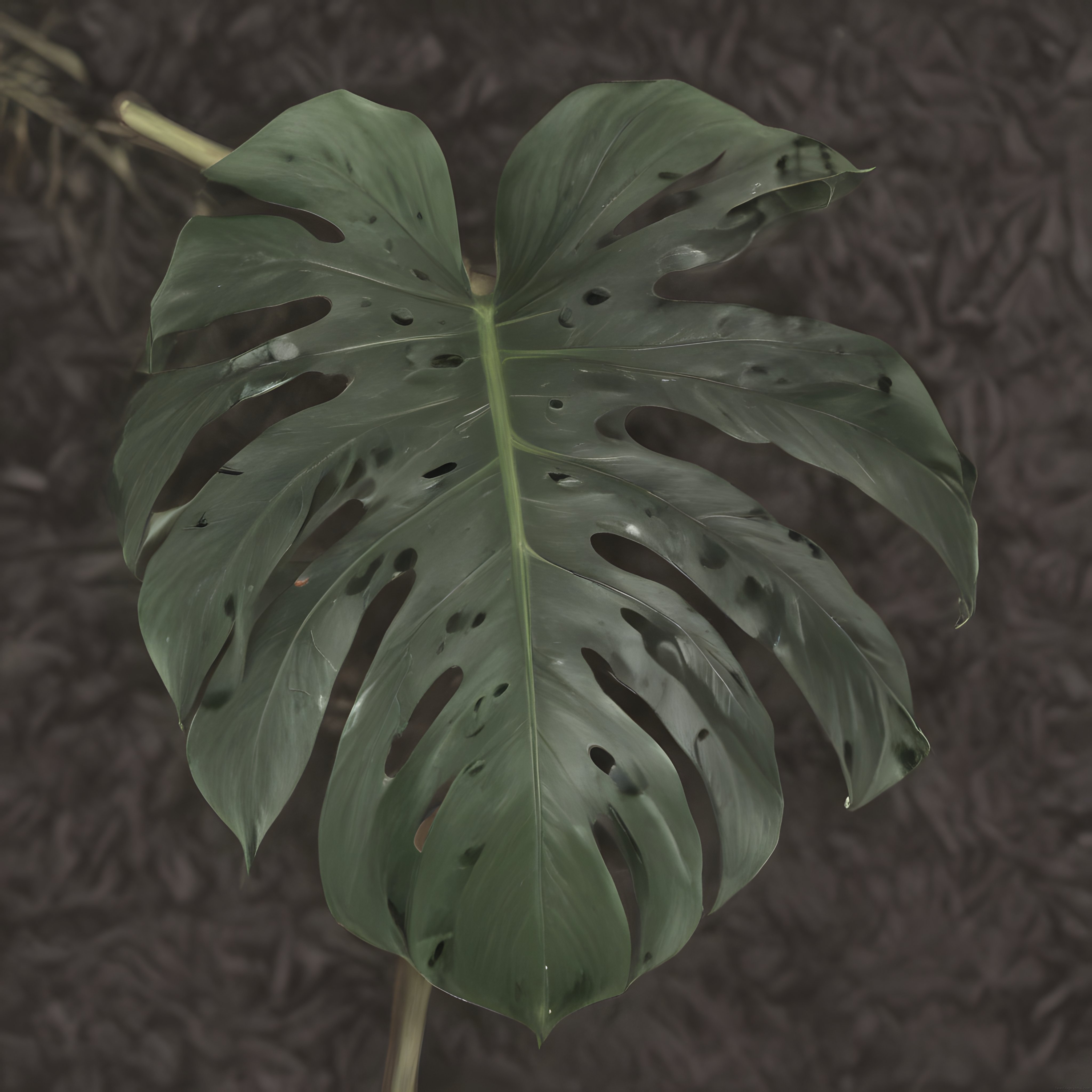 Büyük Yeşil Monstera Yaprağının Koyu ve Nemli Doğal Ortamdaki Detaylı Görünümü