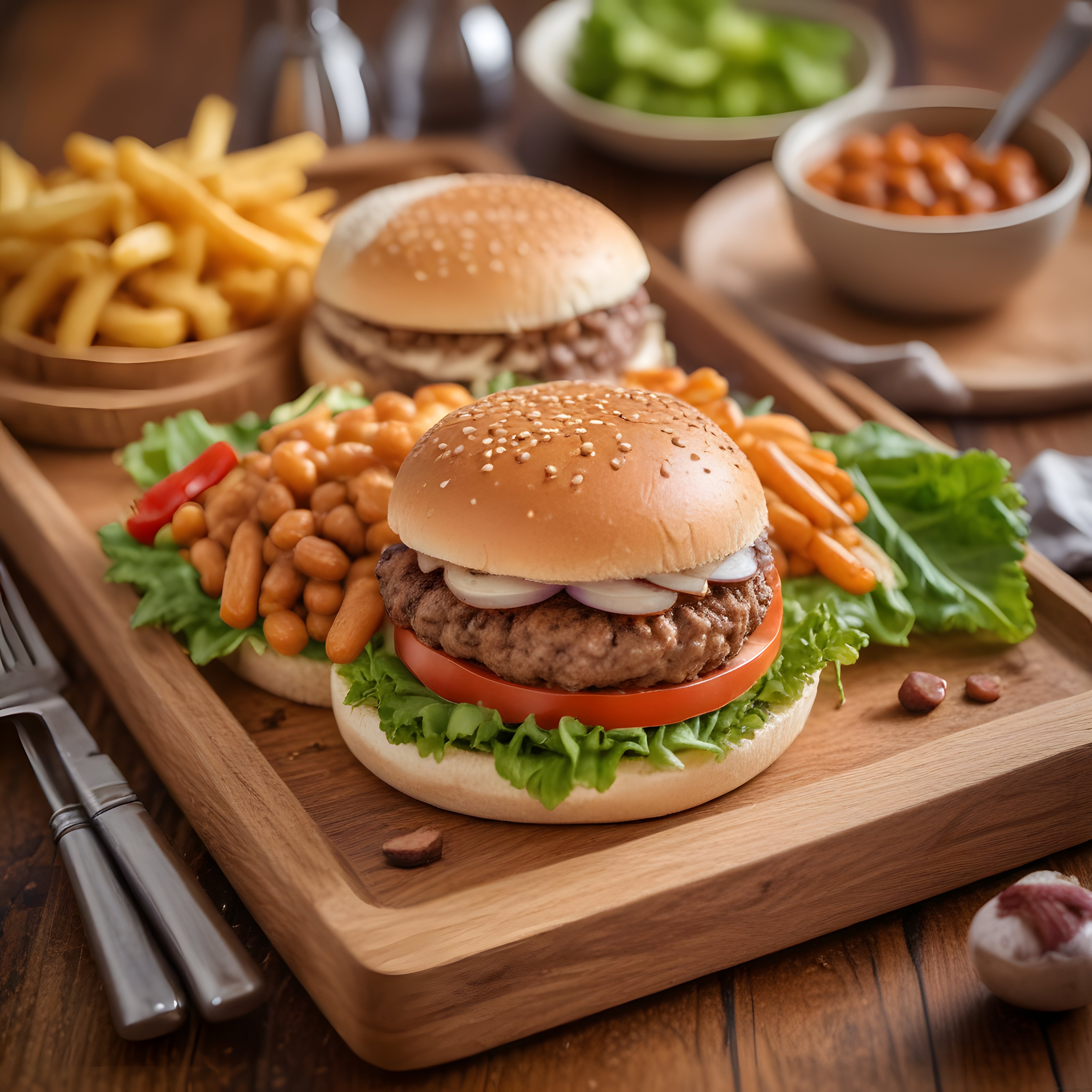 Büyüleyici Ahşap Sunumda Susamlı Hamburger ve Çıtır Yan Lezzetler