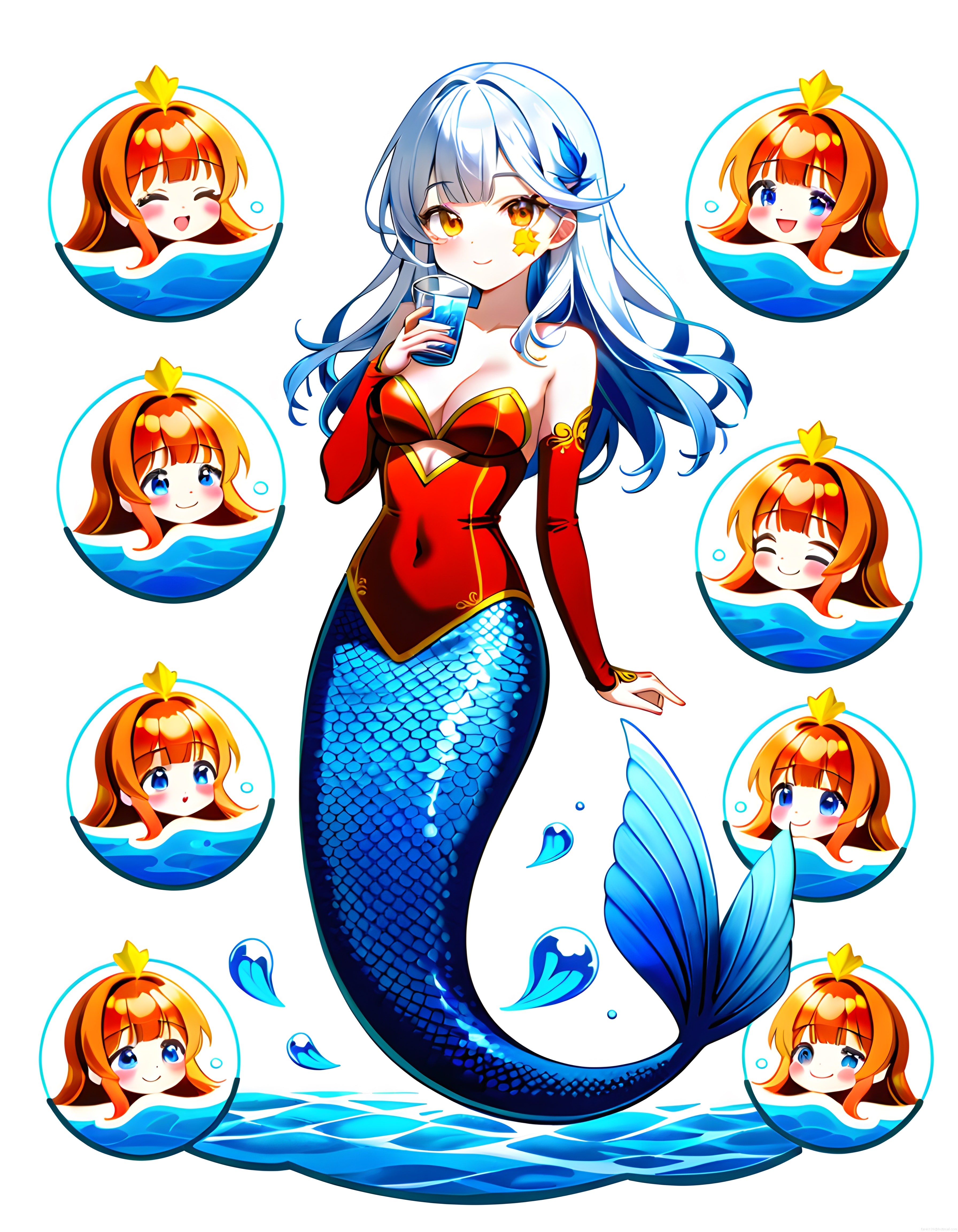 Büyüleyici anime deniz kızı illüstrasyonu ve sevimli chibi ifade ikonları