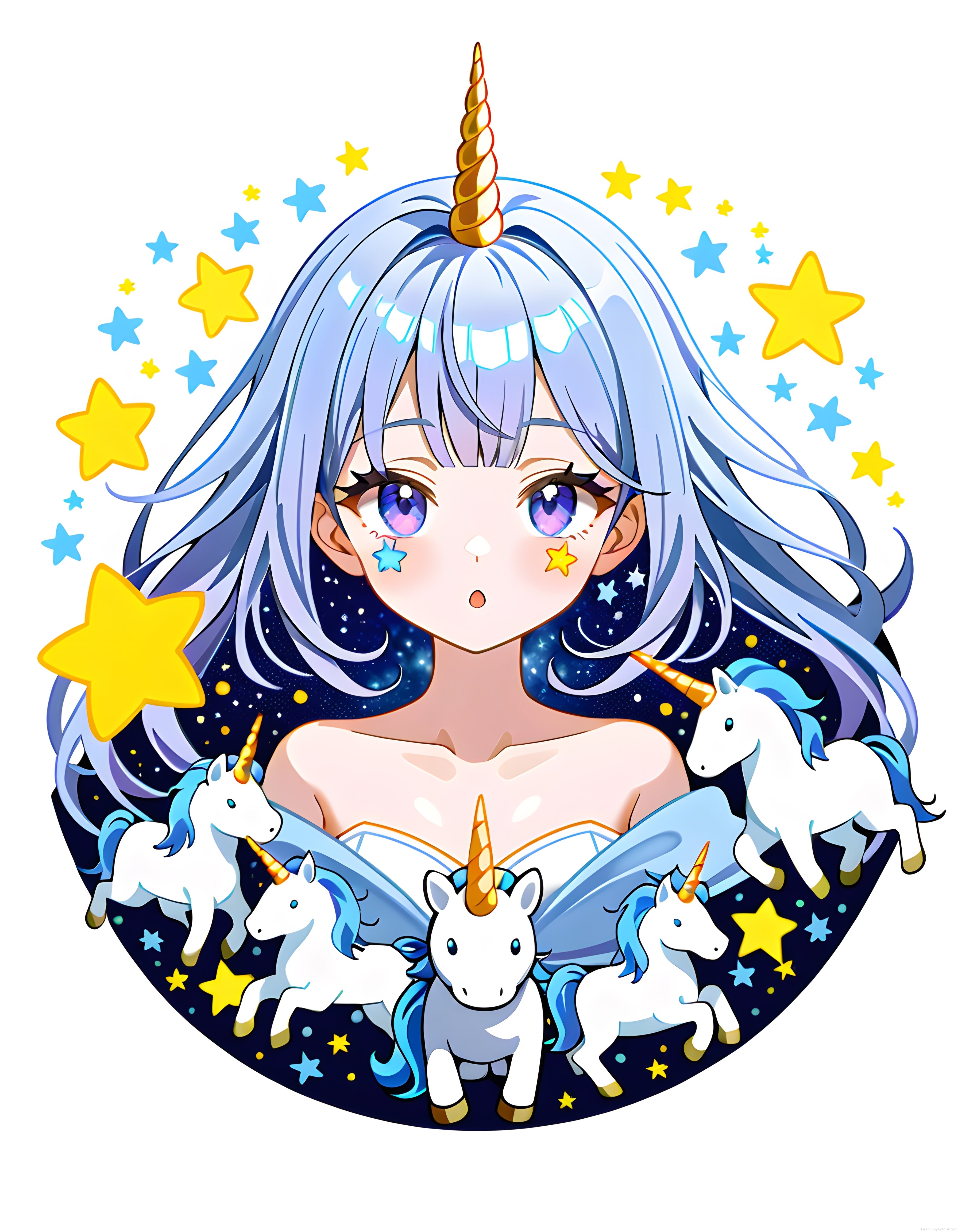 Büyüleyici Anime Unicorn Kız ve Yıldızlarla Süslü Dijital Sanat Eseri
