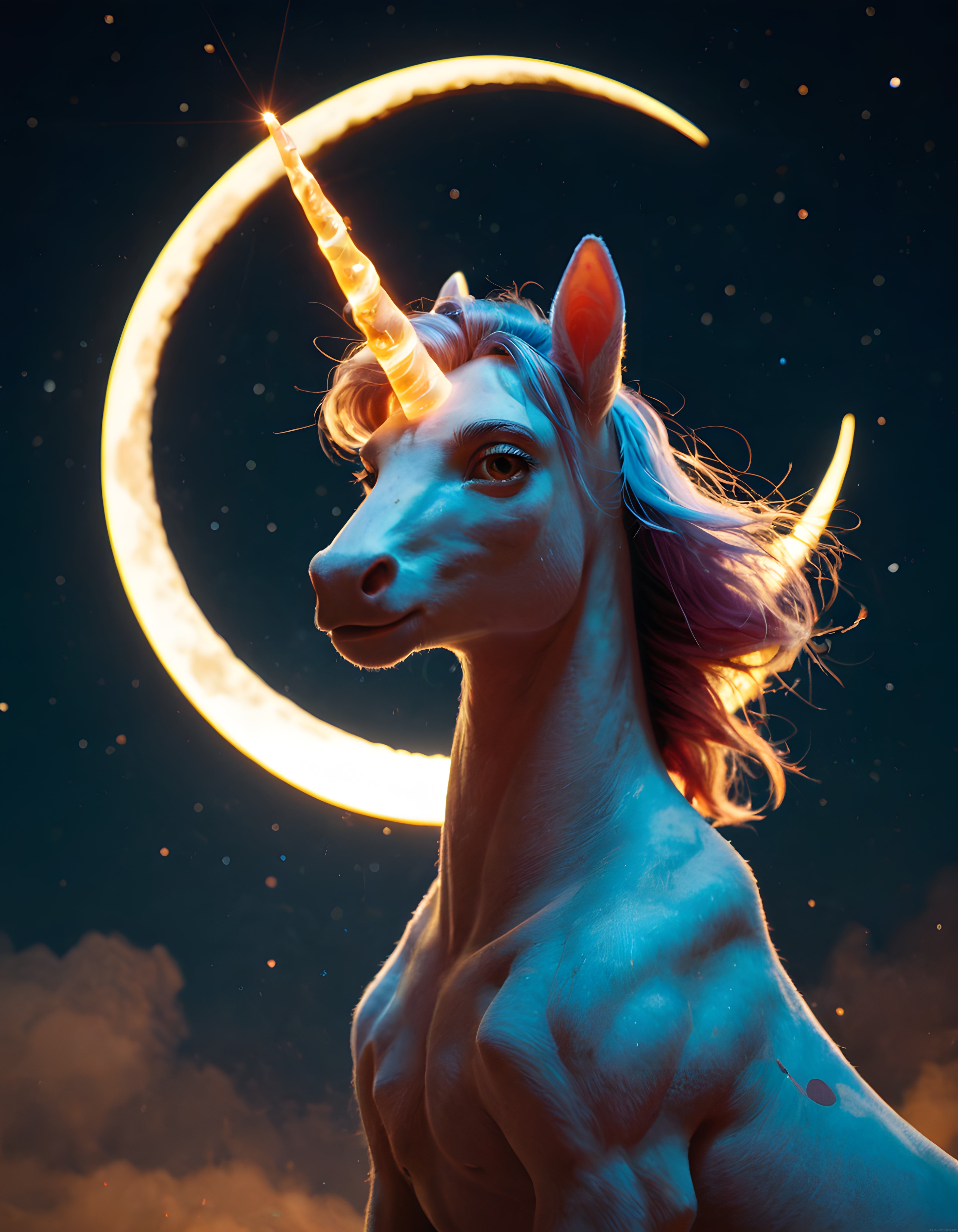 Büyüleyici Beyaz Unicorn: Ay Işığında Parıldayan Boynuz ve Yıldızlar