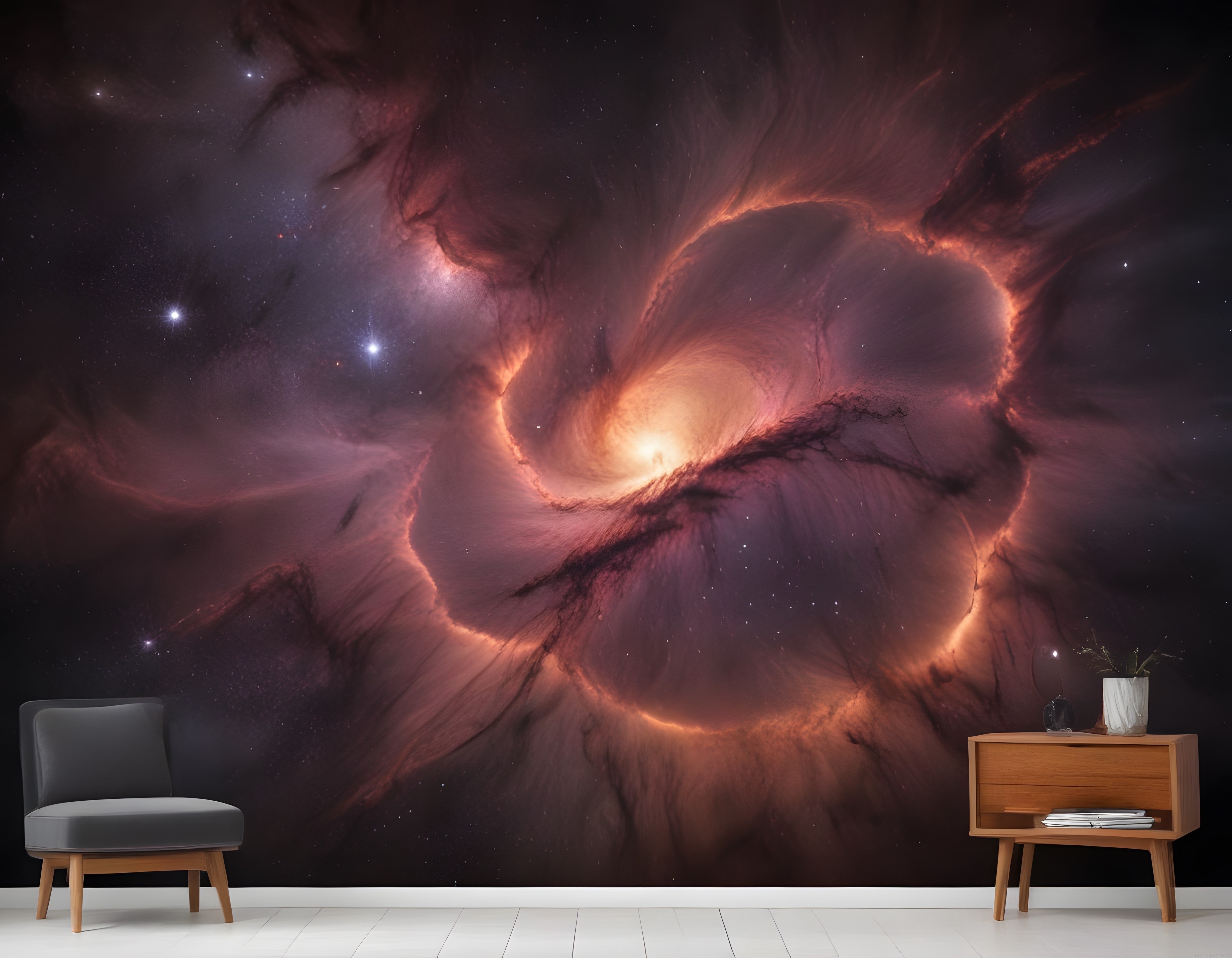 Büyüleyici Galaksi ve Nebula Desenli Modern Duvar Kağıdı ile Salon Dekorasyonu