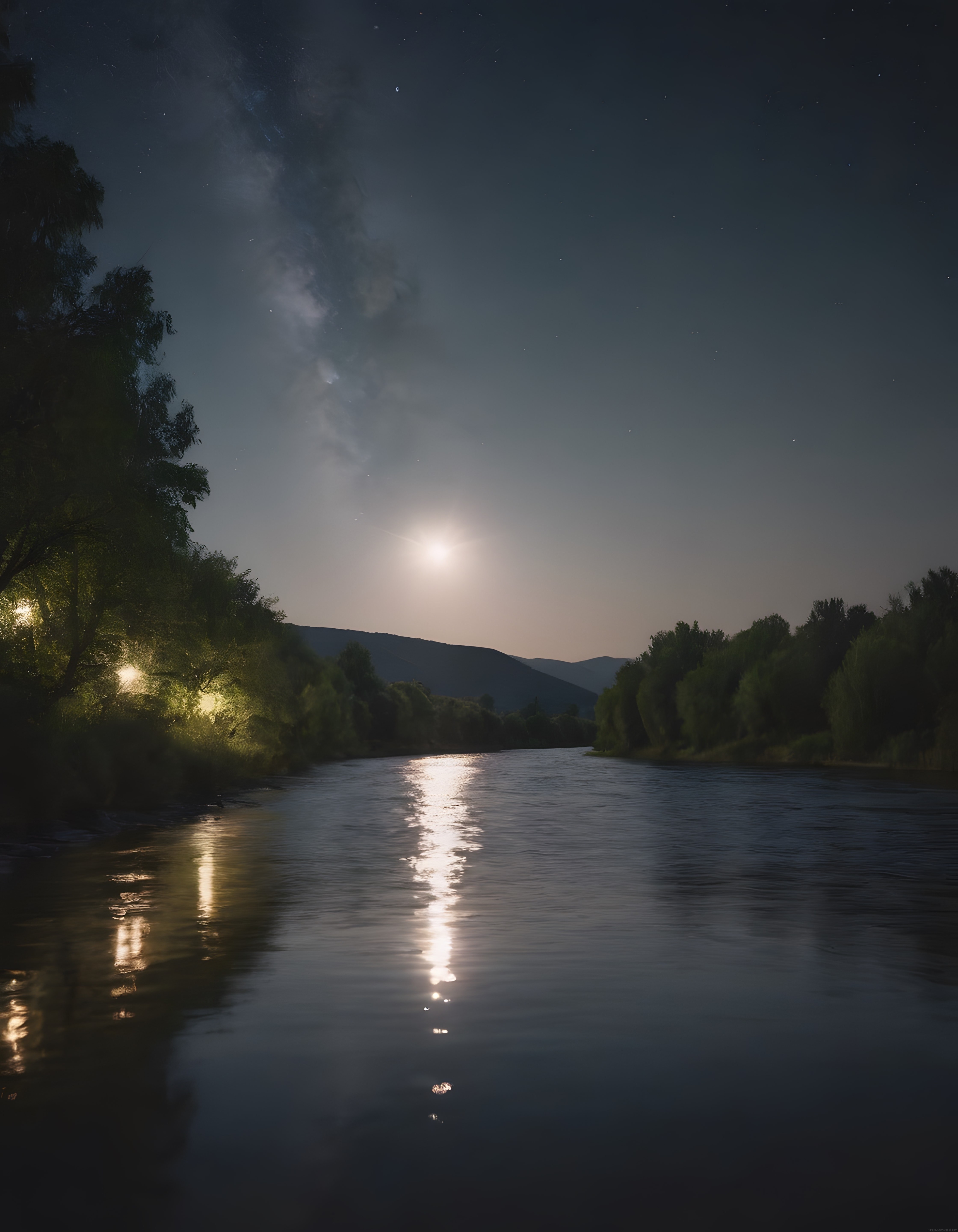 Büyüleyici Gece Manzarasında Ay Işığında Parlayan Irmak ve Dağlar
