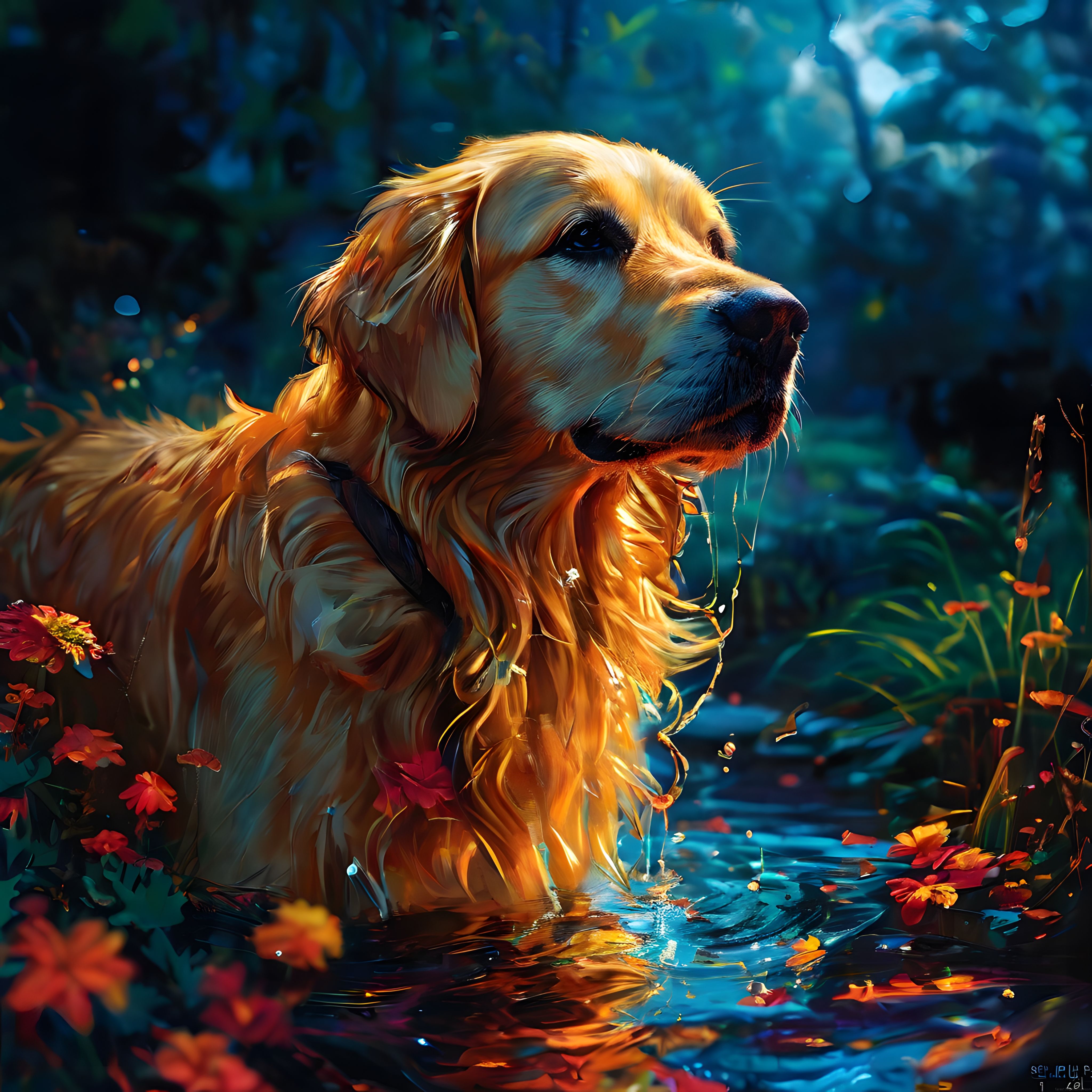 Büyüleyici Orman Atmosferinde Altın Tüylü Köpek Dijital Sanat Eseri