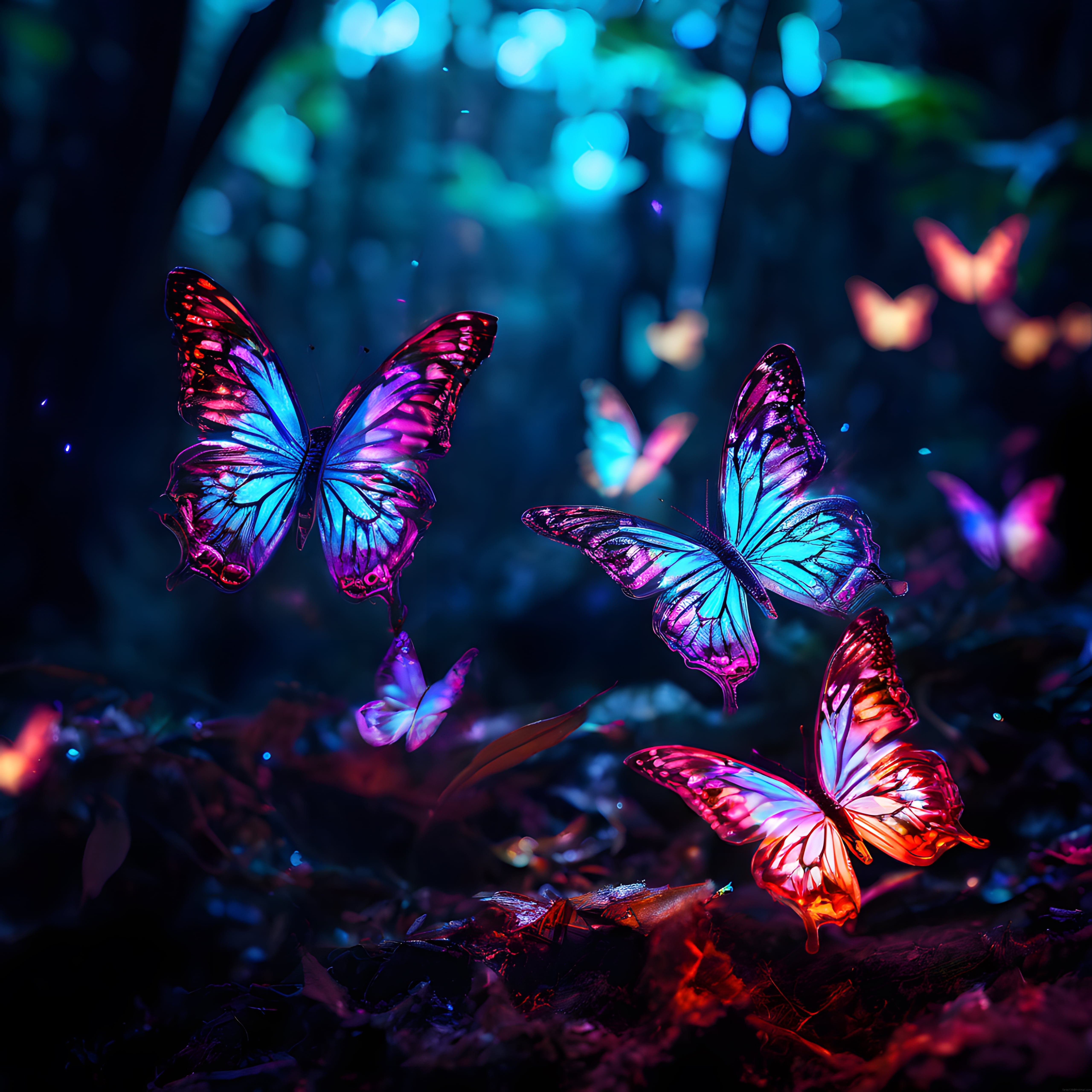 Büyüleyici Ormanda Parıldayan Neon Kelebekler Dijital Sanat Eseri