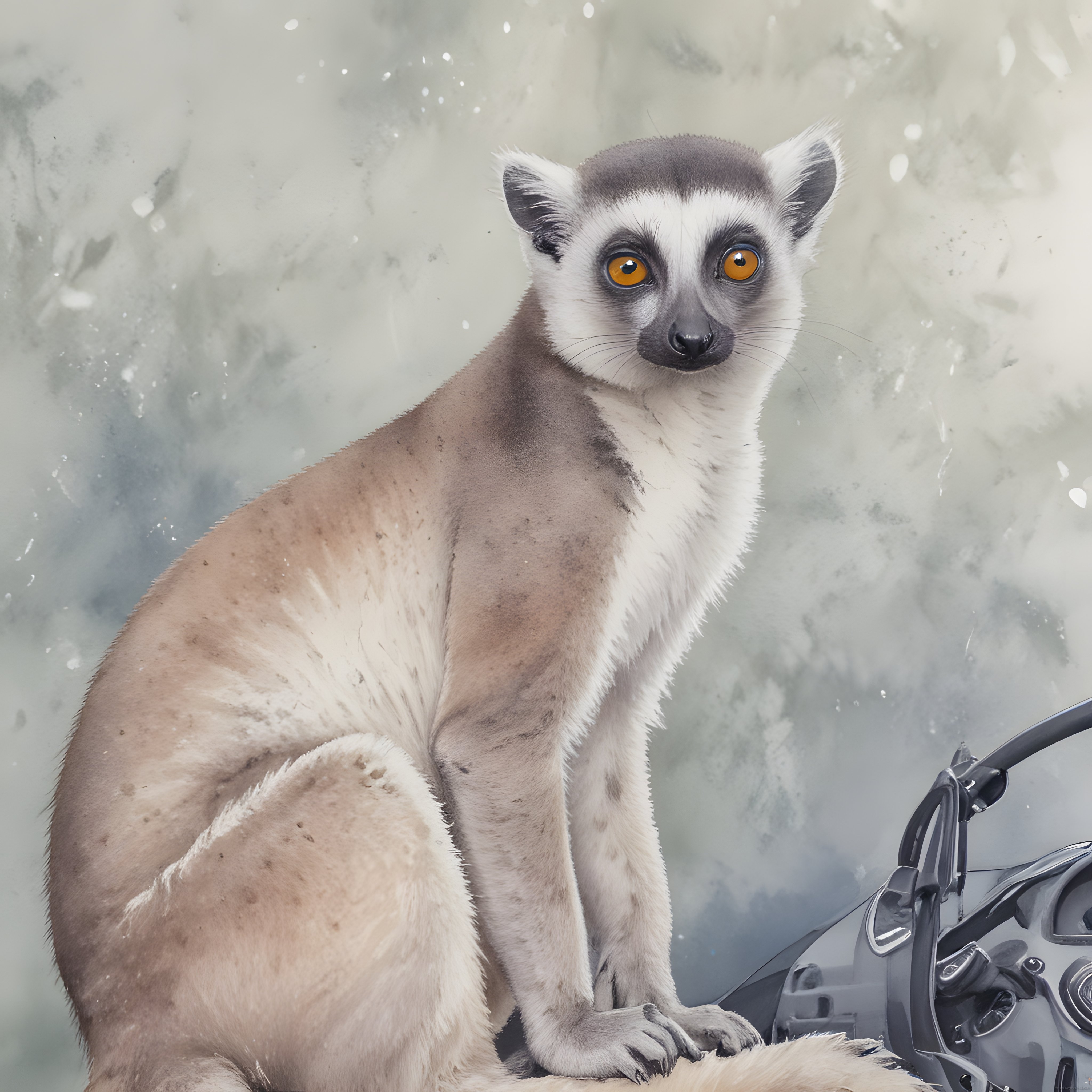 Büyüleyici turuncu gözlü lemur ve motosiklet kaskının sanatsal kompozisyonu