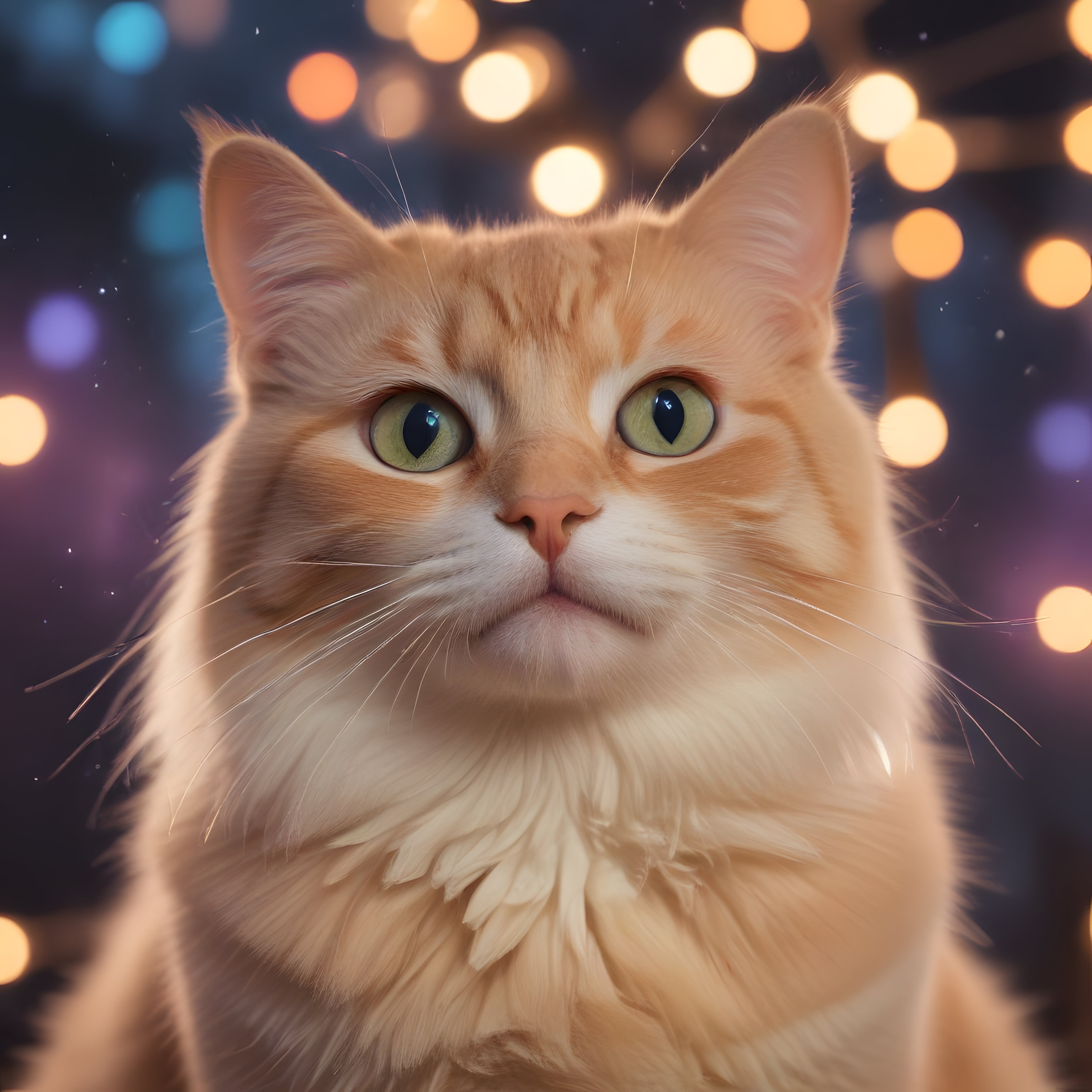 Büyüleyici Yeşil Gözlü Sarı Kedi ve Renkli Bokeh Işıklarının Uyumu