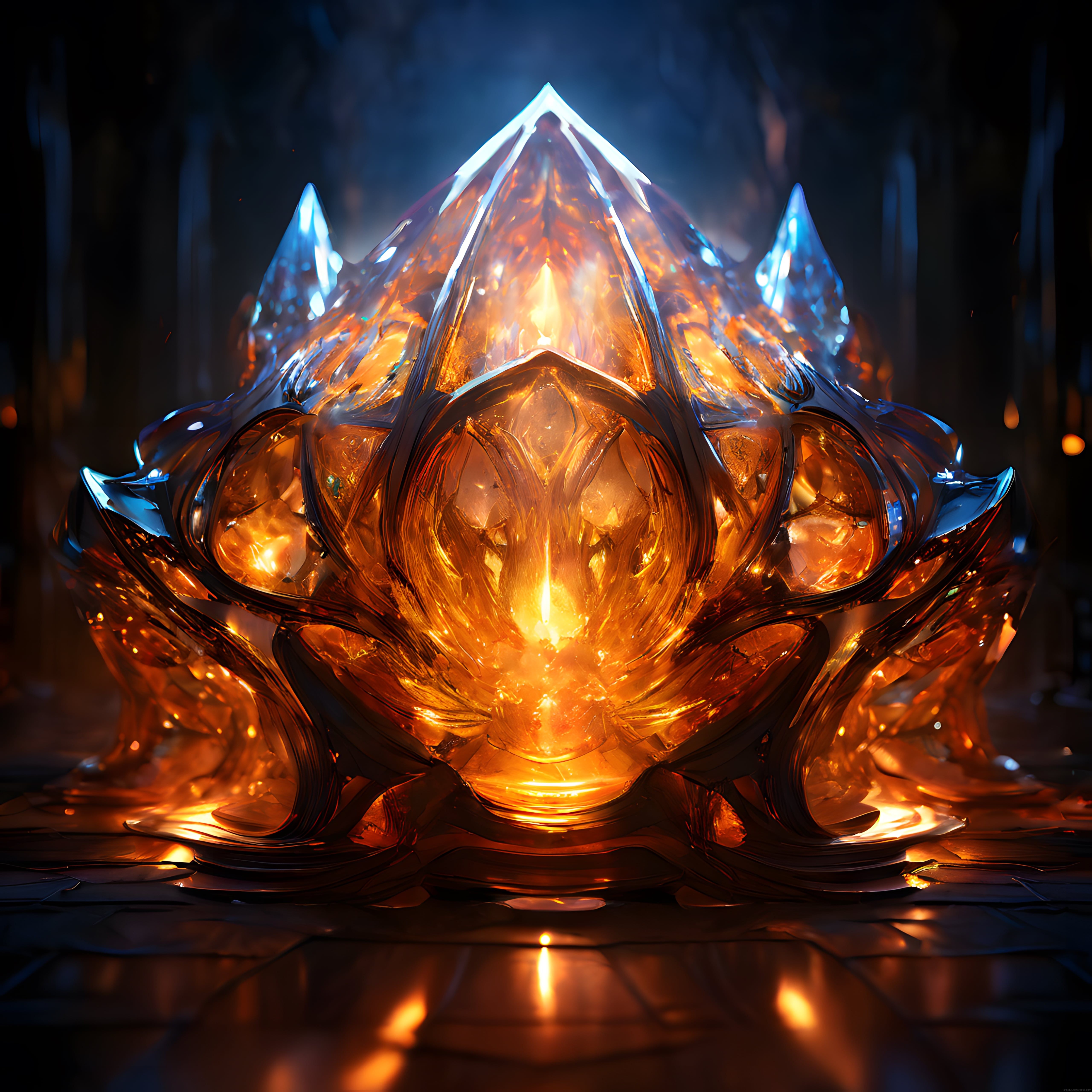 Büyülü Alevli Kristal Lotus: Fantastik Dijital Sanat Eseri ve Işıltılı Tasarım