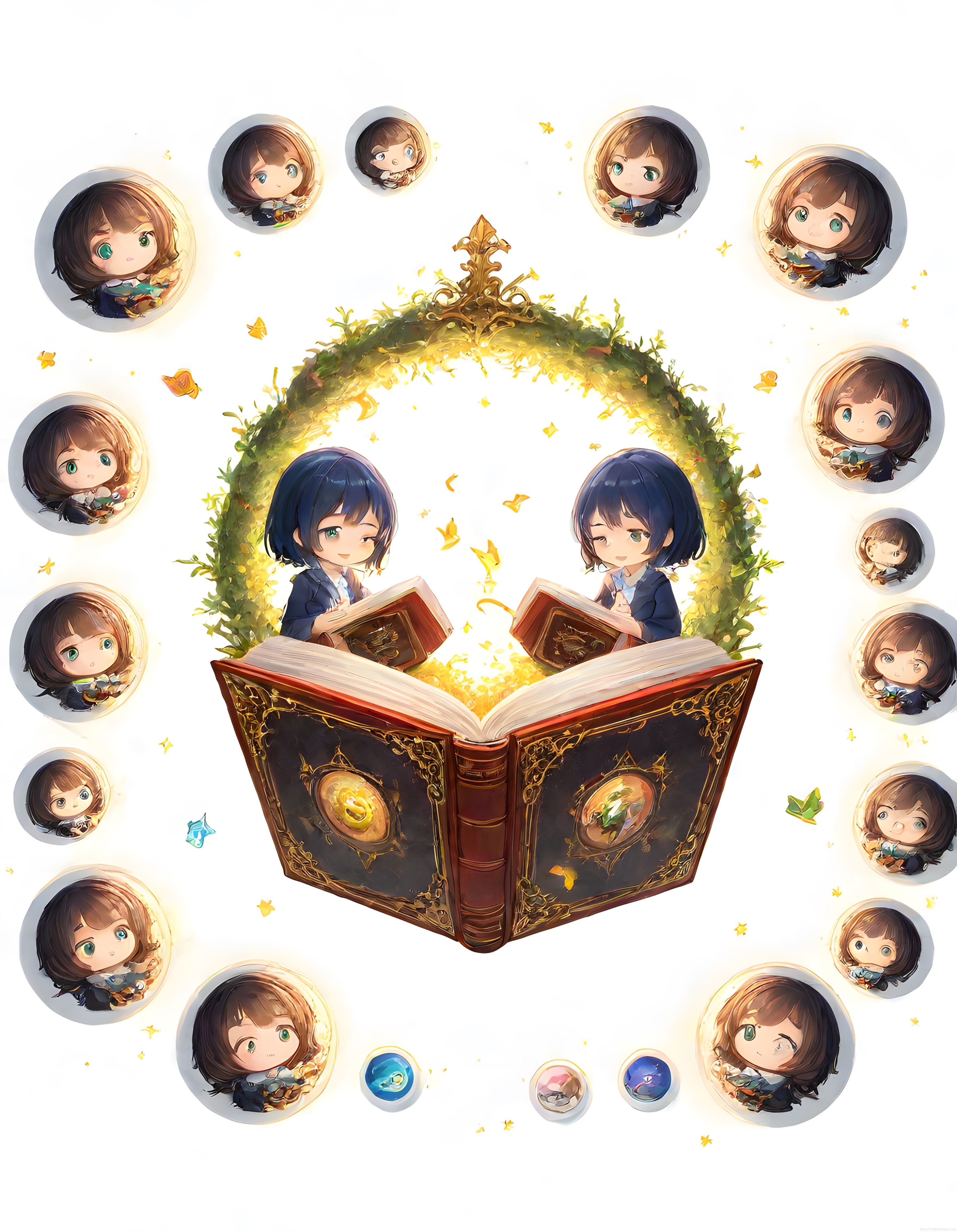 Büyülü Antika Kitap ve Chibi Anime Kızlar: Masalsı Dijital Sanat Eseri