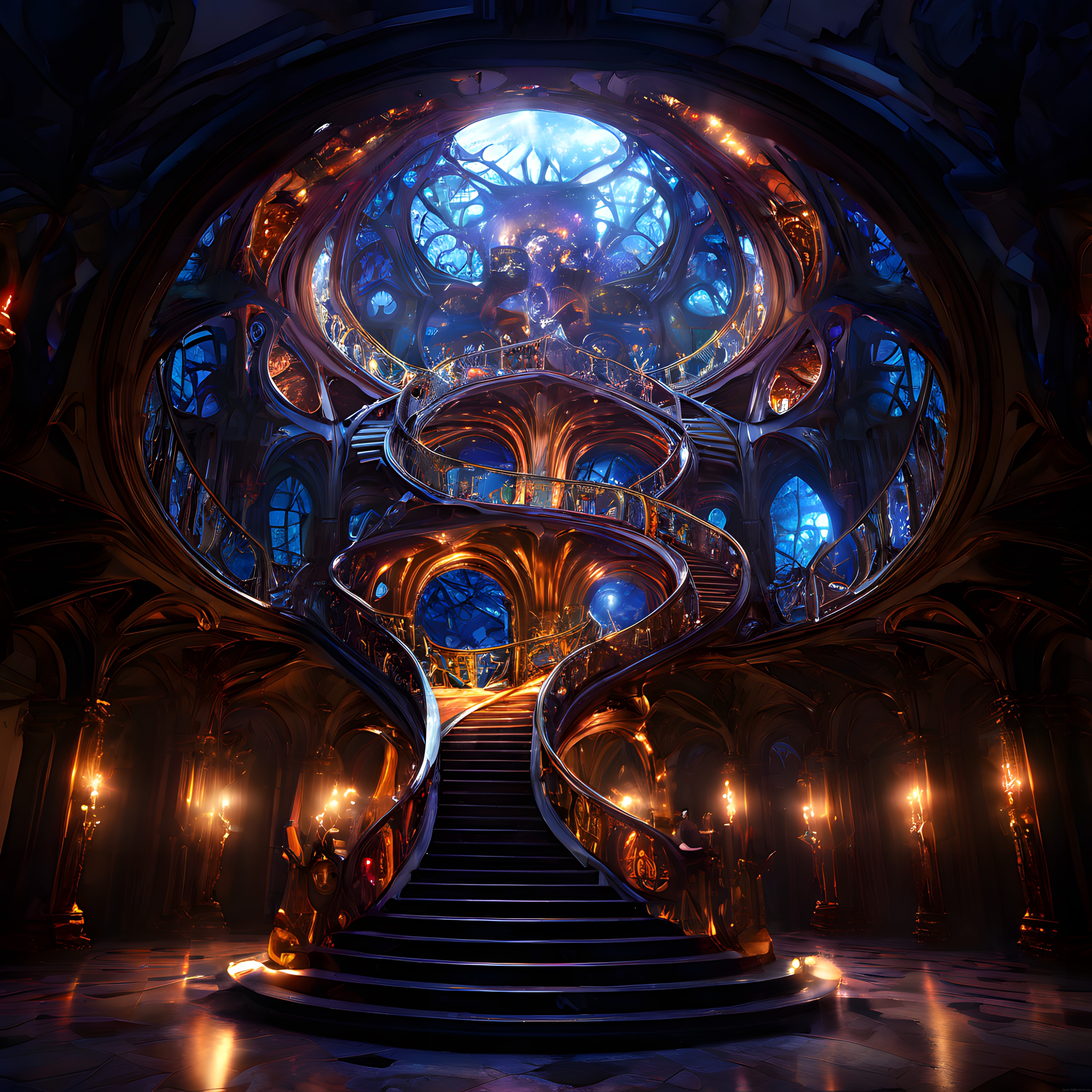 Büyülü Fantastik Saray İçi: Art Nouveau Spiral Merdiven ve Vitray Kubbe