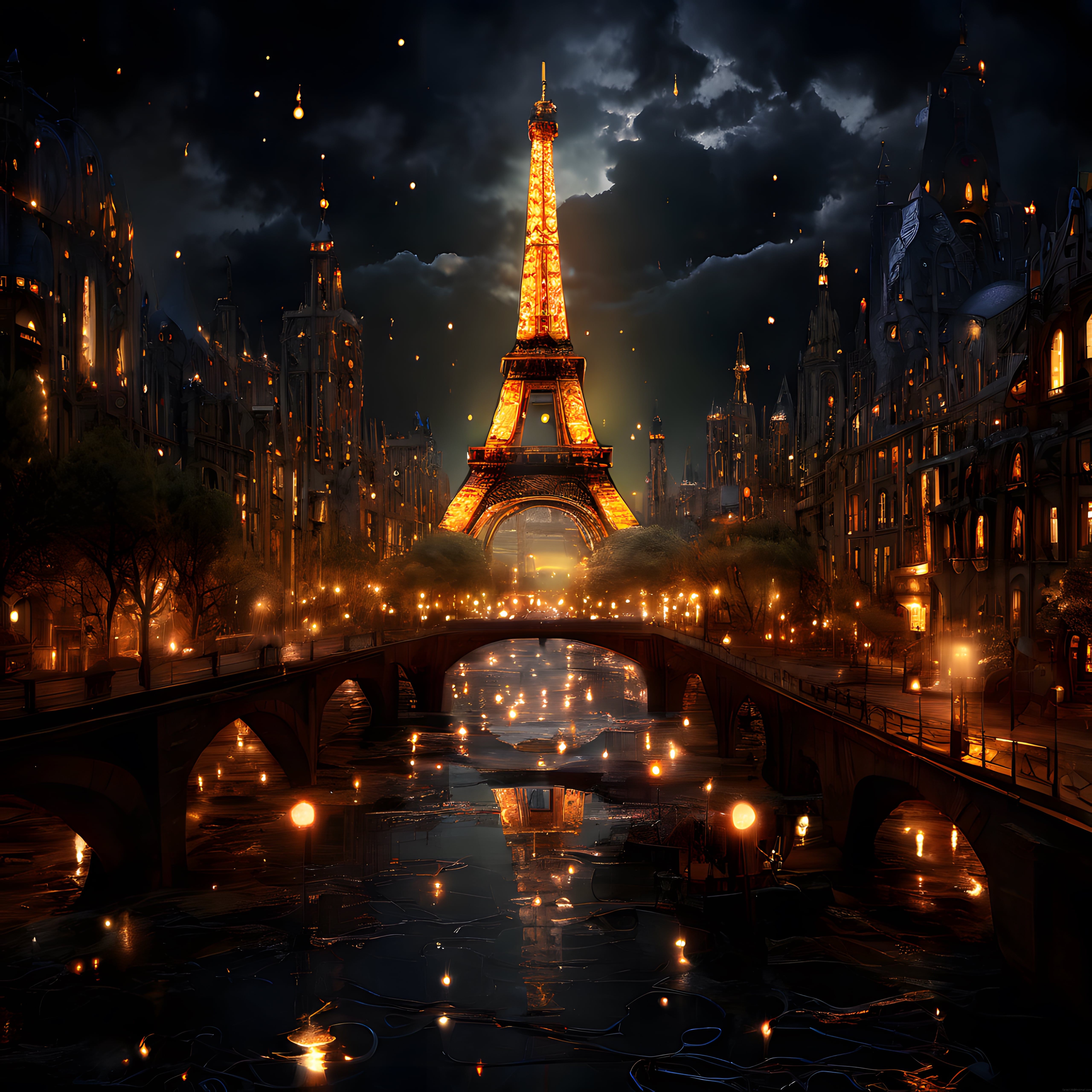 Büyülü Gece Parisinde Işıldayan Eyfel Kulesi ve Nehir Üzerindeki Mum Işıkları