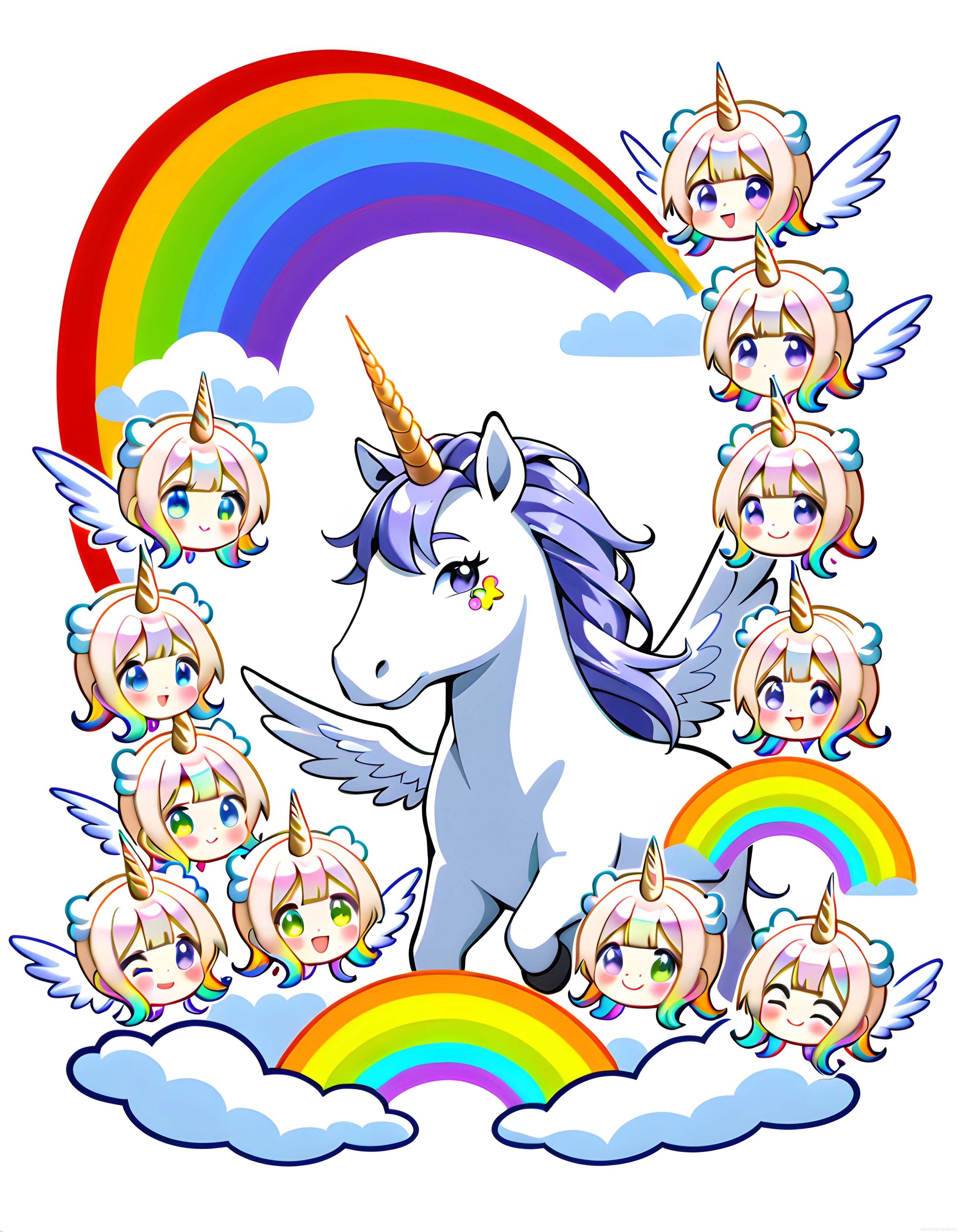 Büyülü Gökkuşağı ve Bulutlar Arasında Sevimli Unicorn ile Kanatlı Minik Periler