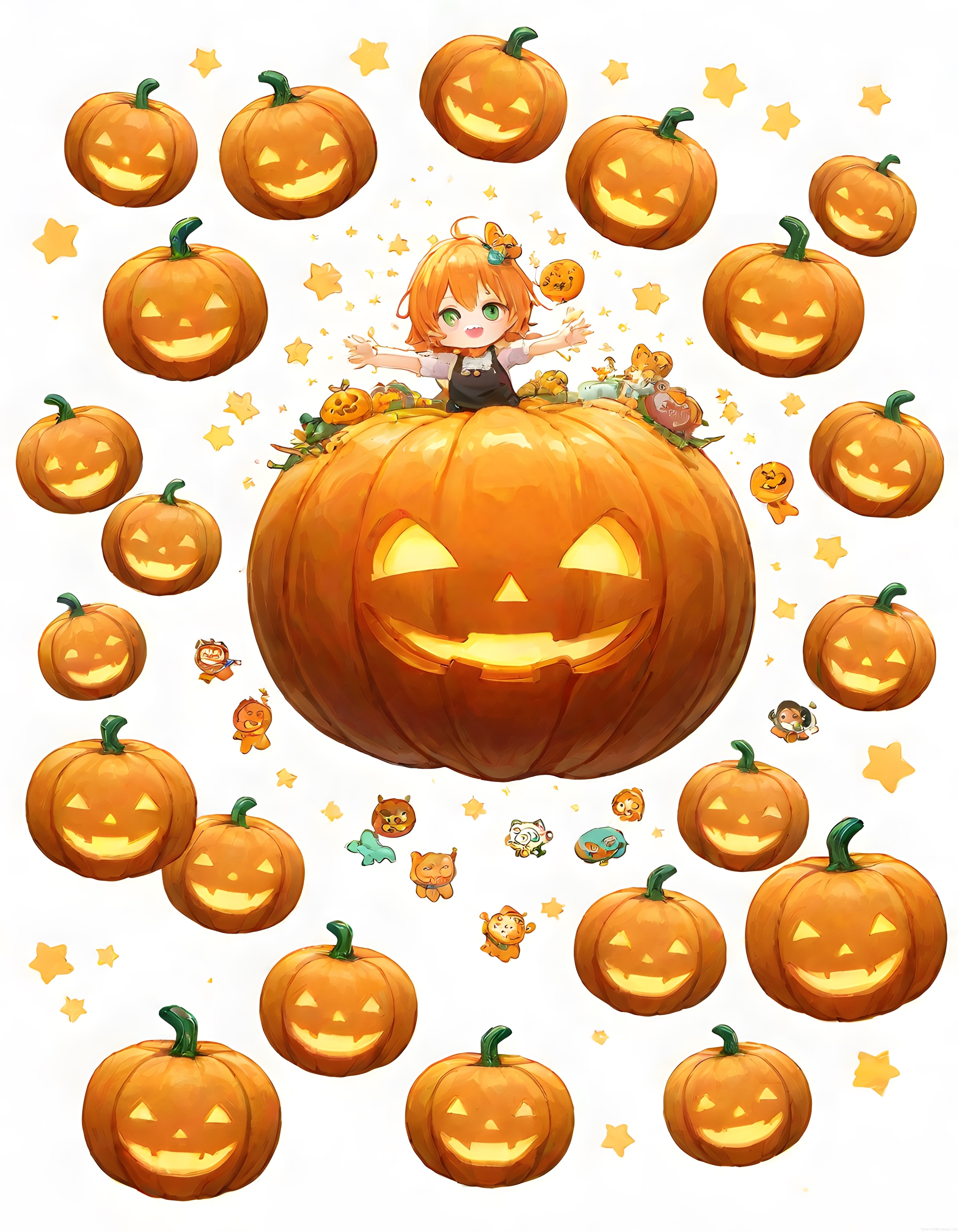 Büyülü Halloween Gecesinde Dev Balkabağı Üzerinde Oturan Sevimli Anime Kızı