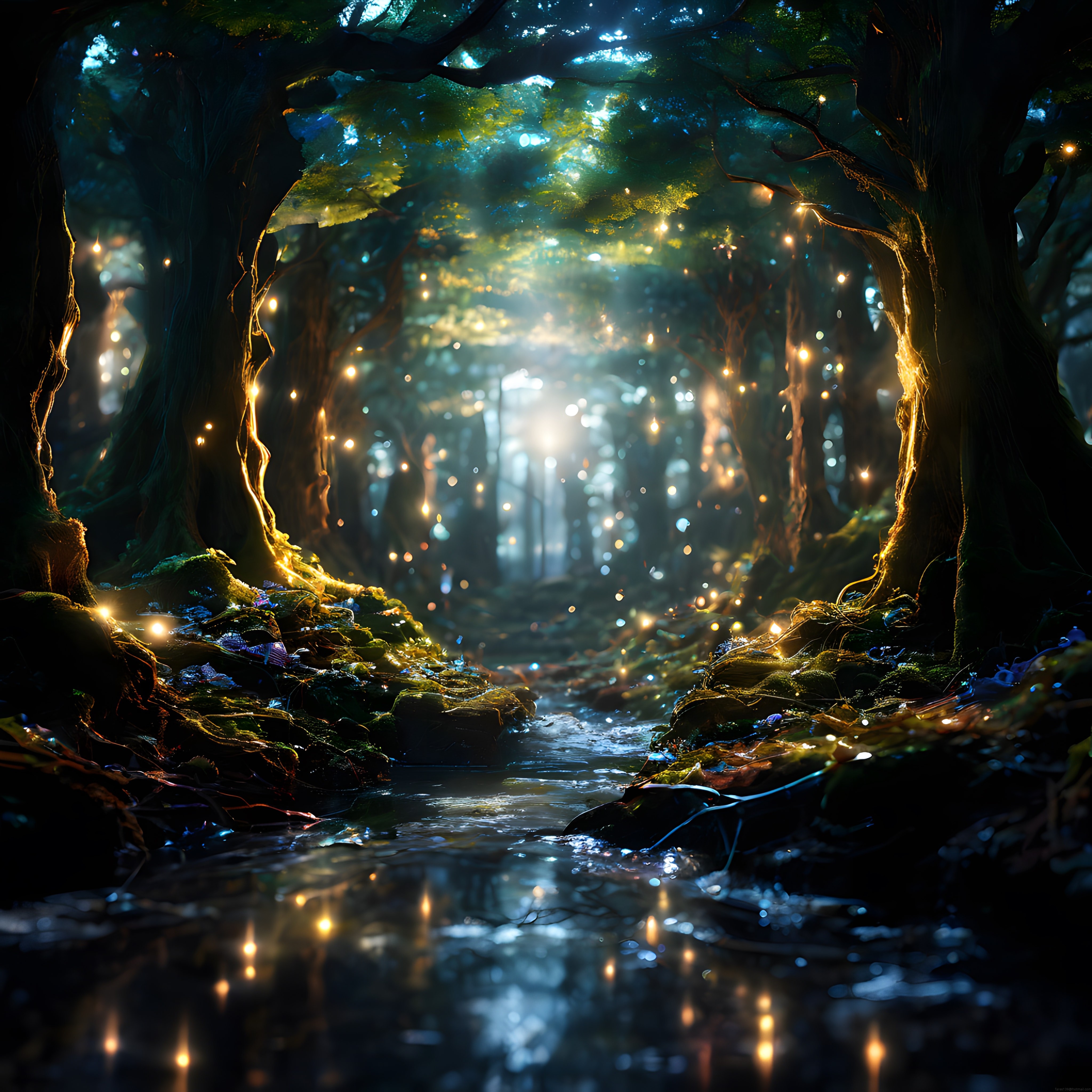 Büyülü Işıklarla Süslenmiş Gizemli Bir Ormanda Yansıyan Dere ve Ağaçlar