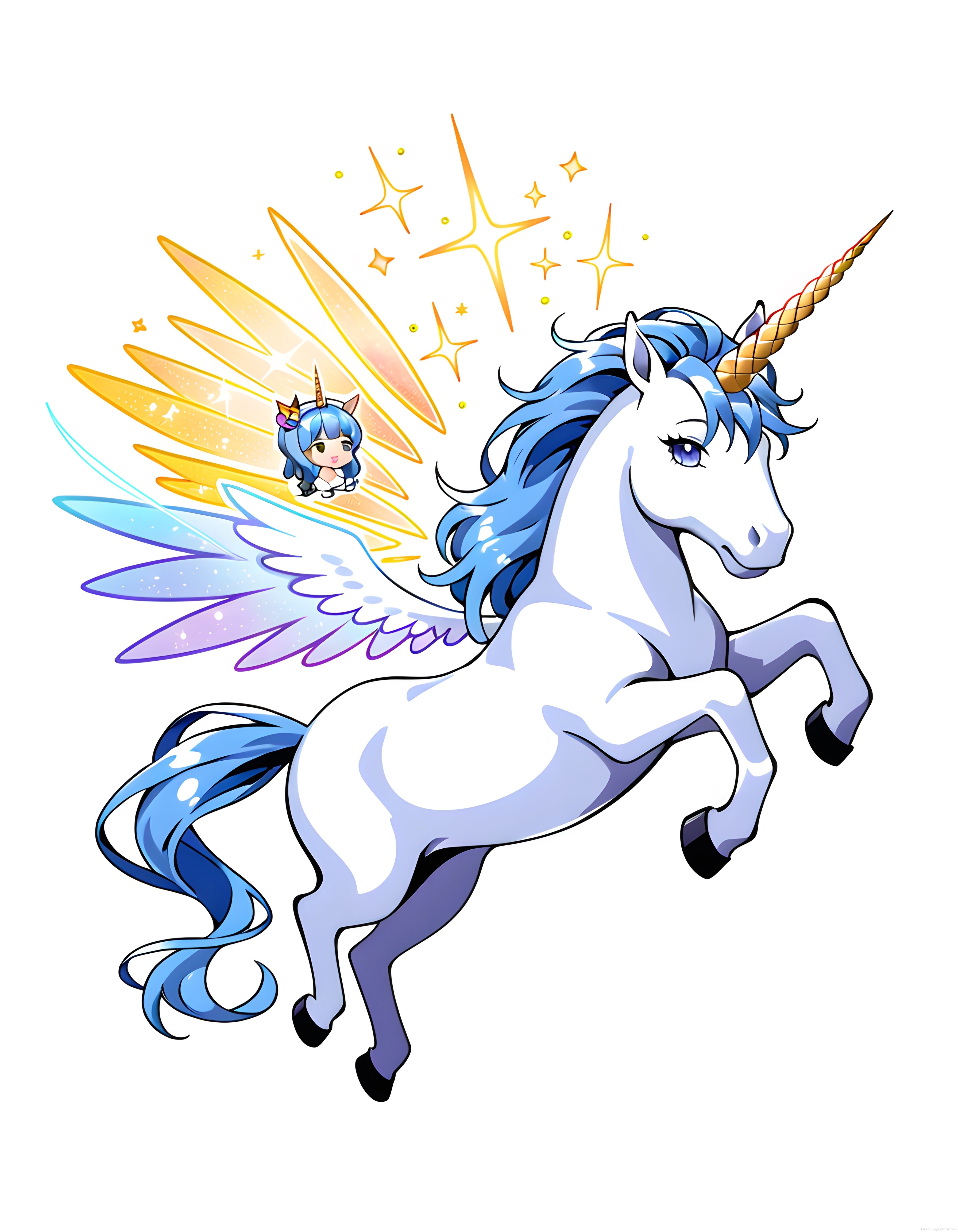 Büyülü Kanatlı Unicorn ve Işıltılı Yıldızlar Arasındaki Sevimli Anime Çibi Kız