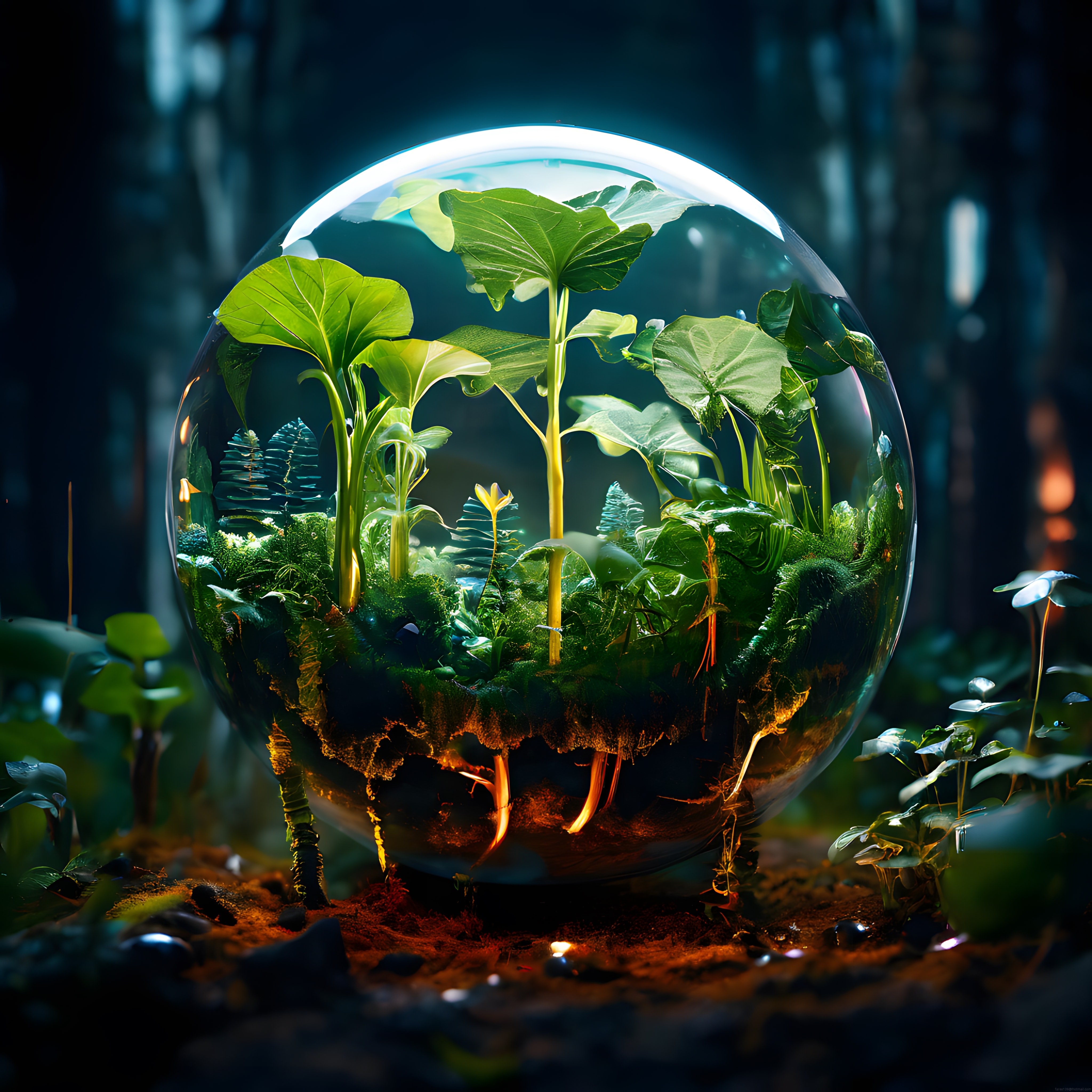 Büyülü Orman Atmosferinde Cam Küre Terrarium ve Yeşil Bitkiler