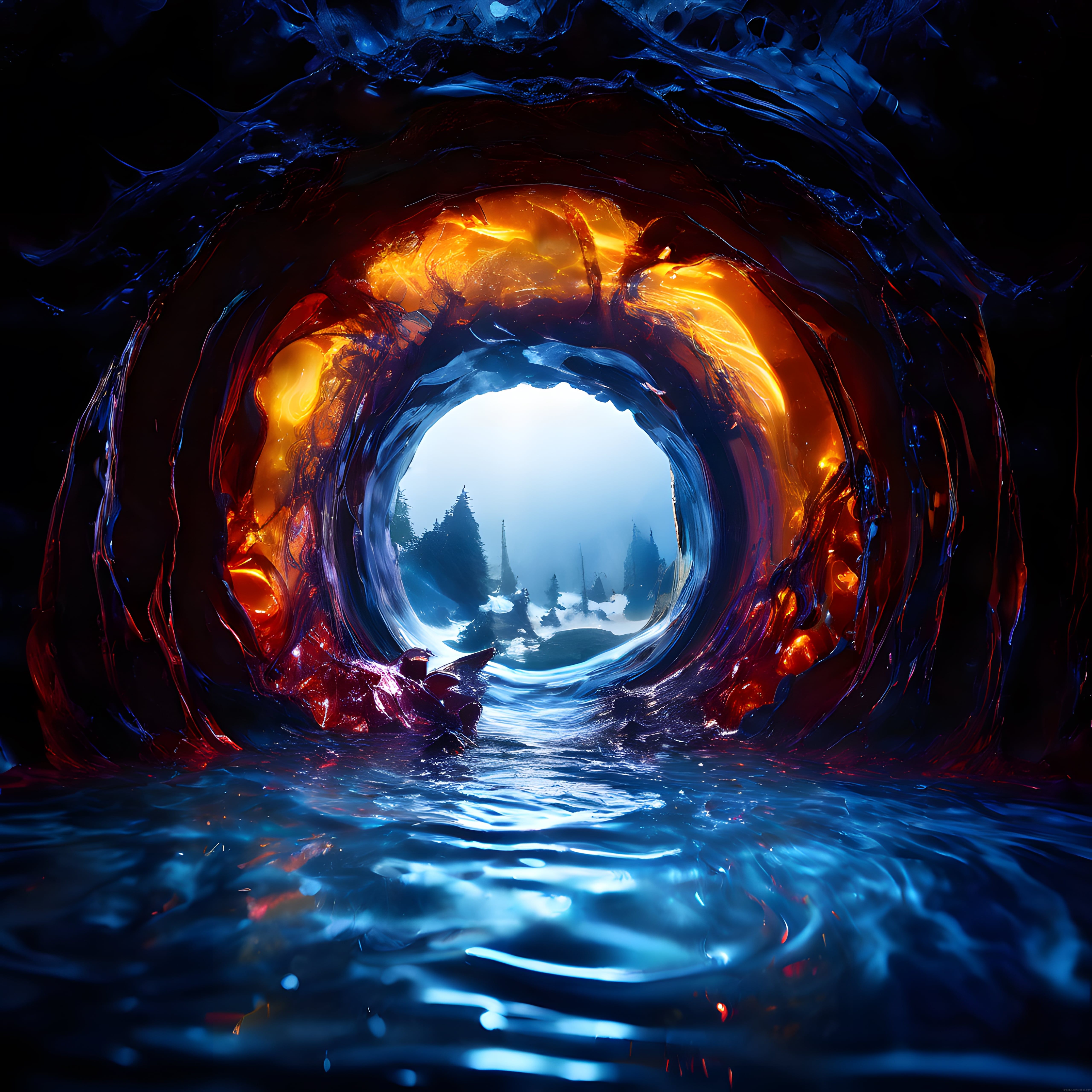Büyülü Portal Aracılığıyla Görünen Karlı Orman Dijital Fantezi Sanatı