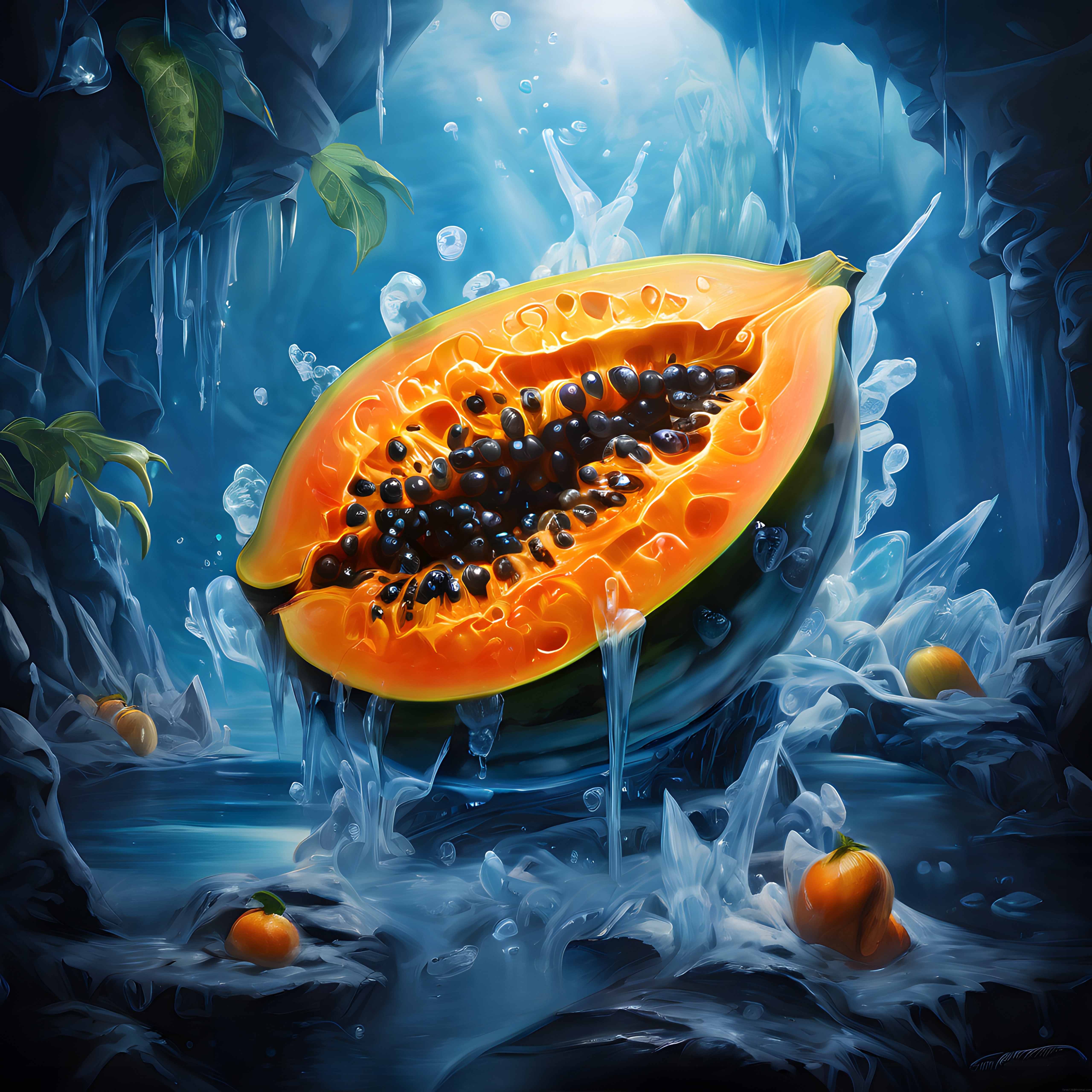 Buz Diyarında Parıldayan Tropikal Papaya: Etkileyici Dijital Sanat Kompozisyonu